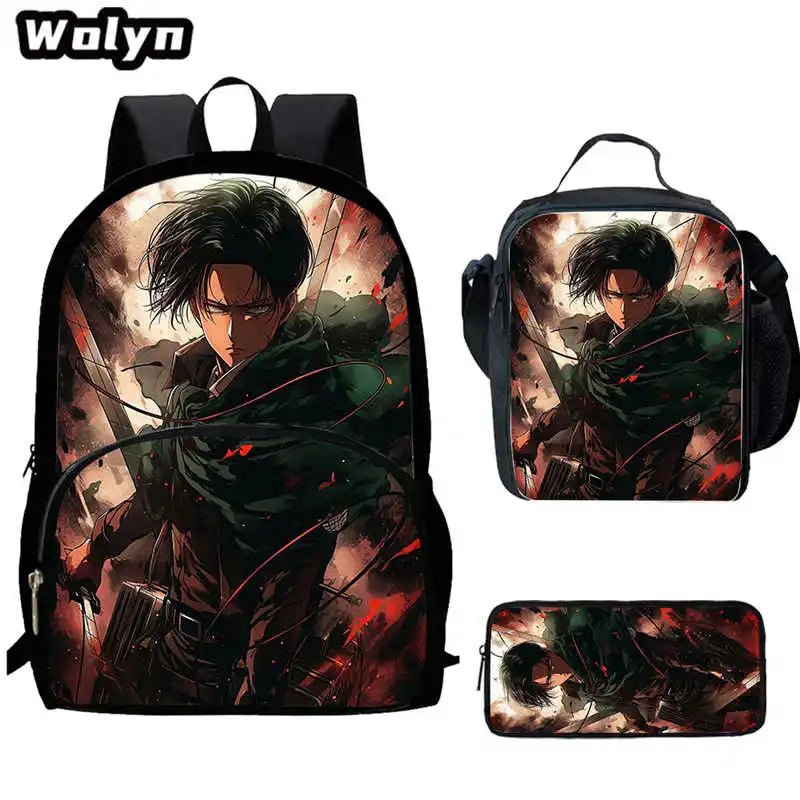 3Pcs Set Attack On Anime Titan School Backpack with Lunch Bags Pencil Case ,Cartoon School Bags for Boys Girls ,Kids Booksbags