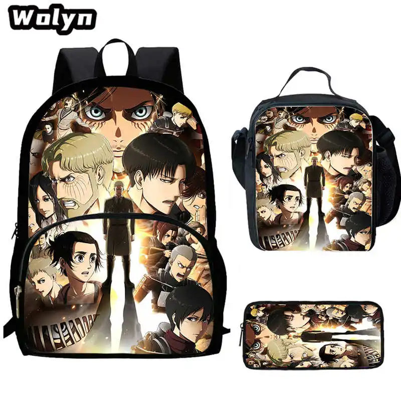 3Pcs Set Attack On Anime Titan School Backpack with Lunch Bags Pencil Case ,Cartoon School Bags for Boys Girls ,Kids Booksbags