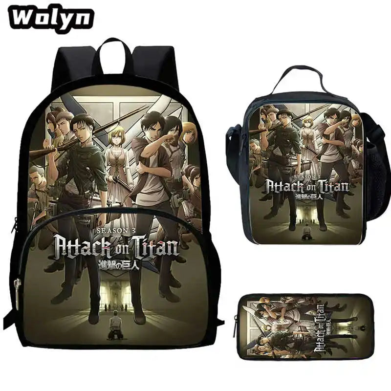 3Pcs Set Attack On Anime Titan School Backpack with Lunch Bags Pencil Case ,Cartoon School Bags for Boys Girls ,Kids Booksbags