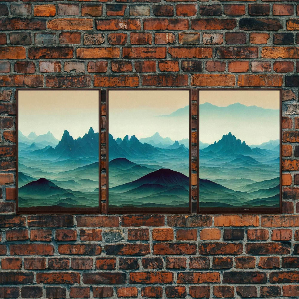 Emerald green rolling hills, fantasy mountains, 3 piece wall art, 3 piece canvas print, cool home wall decor - 8x12 In. - 3 Pieces / Walnut Frame