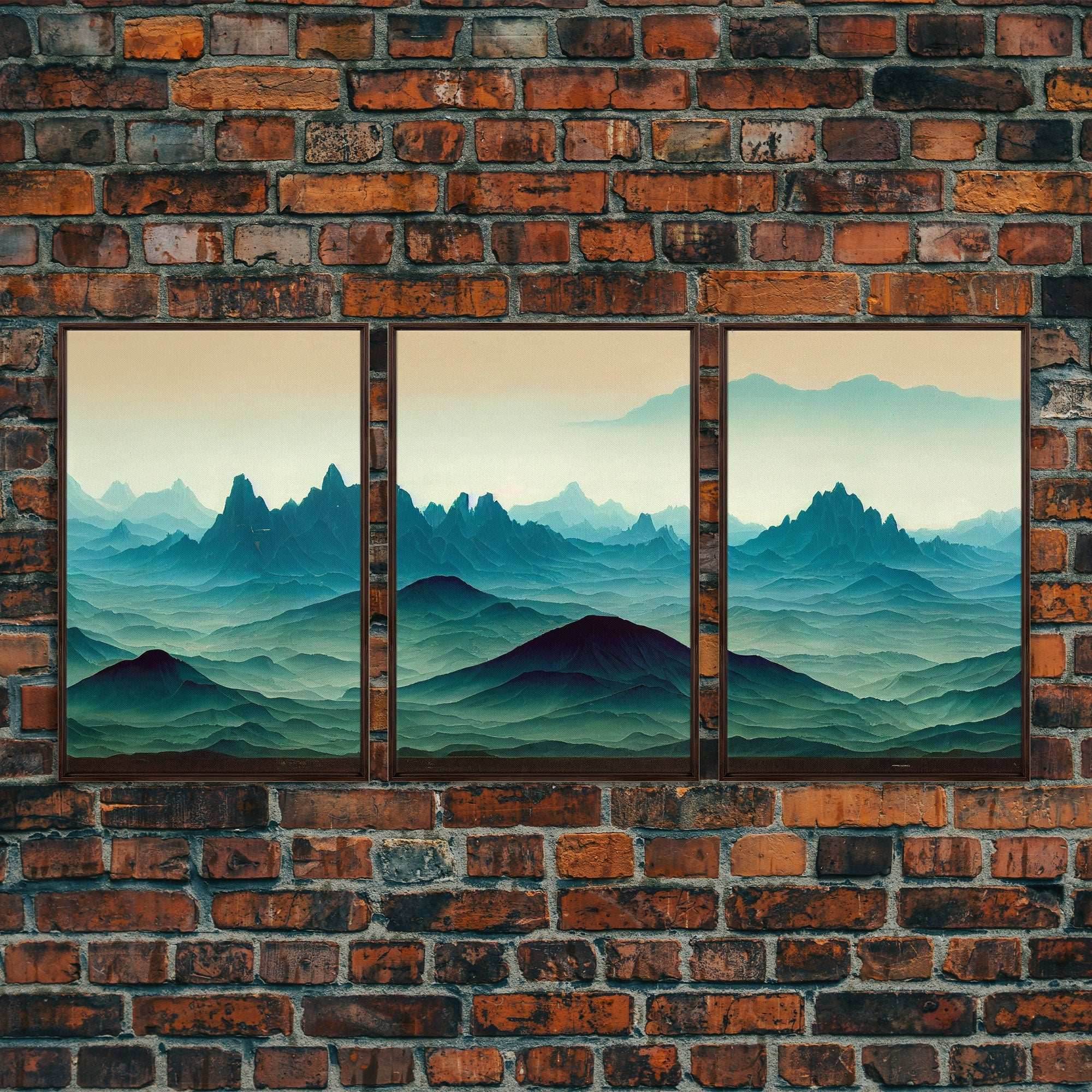 Emerald green rolling hills, fantasy mountains, 3 piece wall art, 3 piece canvas print, cool home wall decor - 8x12 In. - 3 Pieces / Walnut Frame