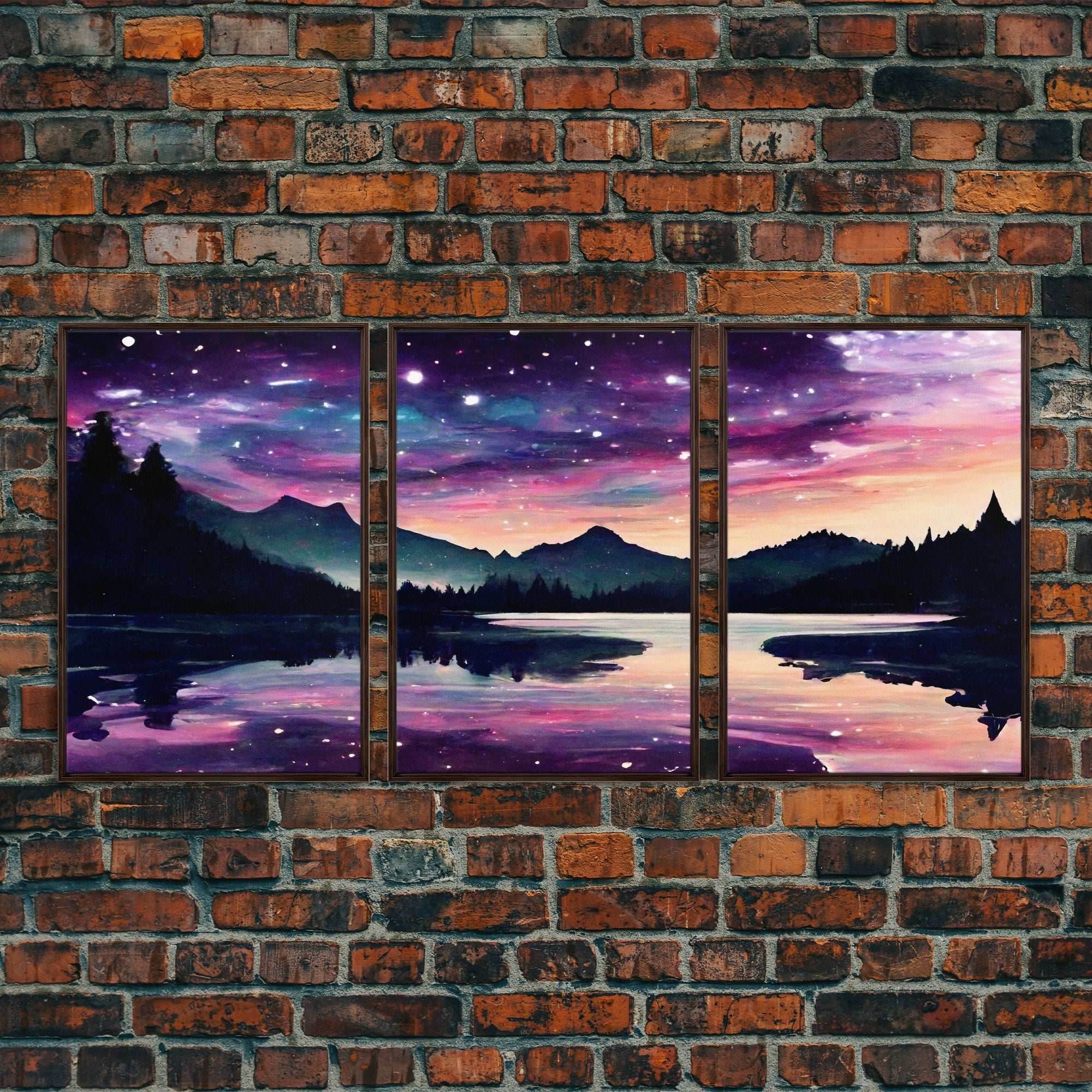 Fantasy Starry Night Magical Forest Landscape, 3 Piece Wall Art, Ready To Hang Canvas Print, Cool Unique Living Room Wall Art Decor - 8x12 In. - 3 Pieces / Walnut Frame