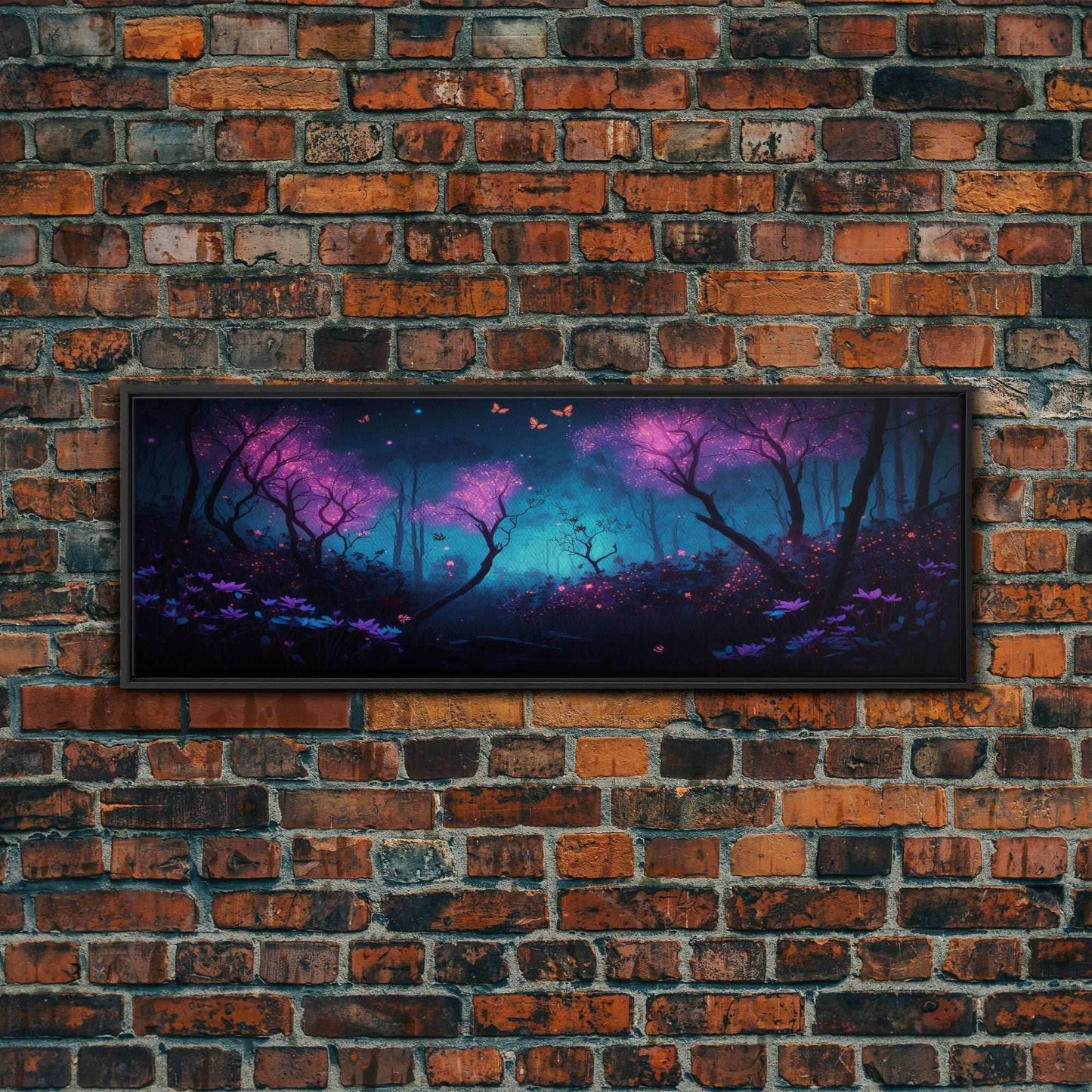 Beautiful Fantasy Forest, Framed Canvas Print, Fantasy Art, Butterflies and Fireflies Light up a Fairy Forest At Night, Framed Wall Art - 10x30 Inches / Black Frame