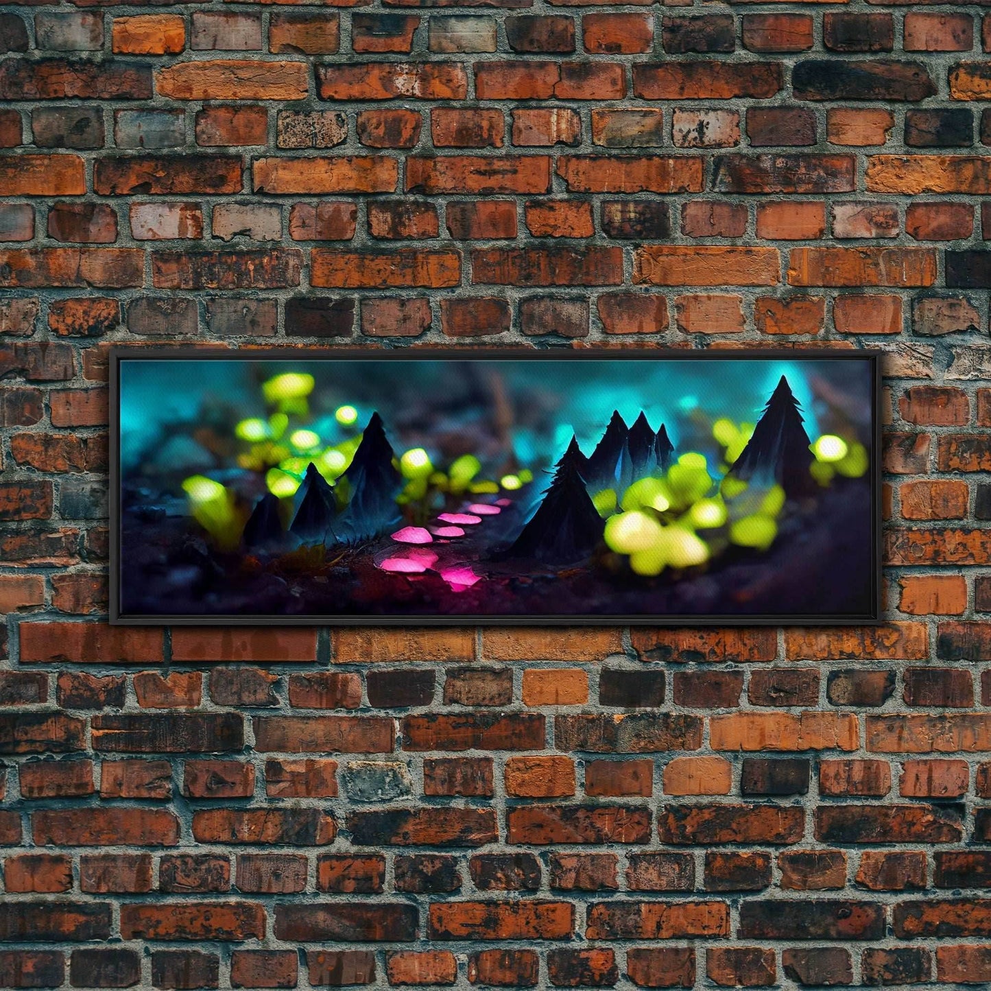 Luminescent trail in the forest, fantasy art, RPG concept art, tiny worlds, glowing mushrooms , Ready To Hang Canvas Print, Panoramic Art, - 10x30 Inches / Black Frame