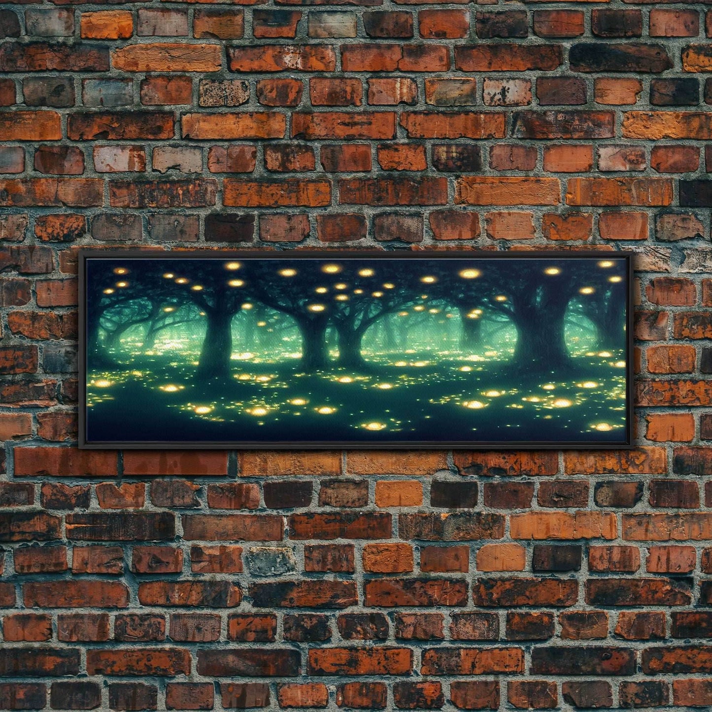 Fantasy Forest At Night With Fireflies, Extra Large Wall Art, Framed Panoramic Canvas Print, Framed Wall Art - 10x30 Inches / Black Frame