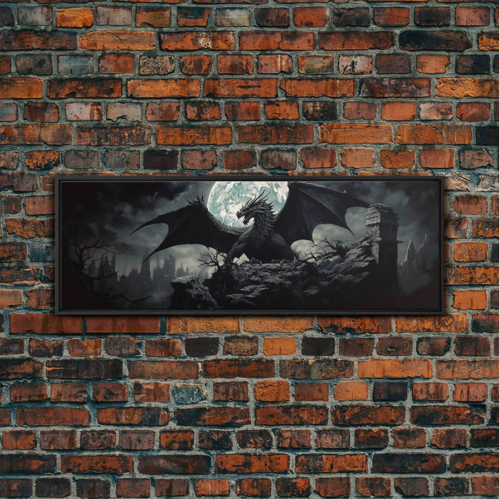 The Dragon, Framed Canvas Print, Panoramic Fantasy Painting, Fantasy Decor, Dragon Art, Dragon Painting, Dragon art print - 10x30 Inches / Black Frame