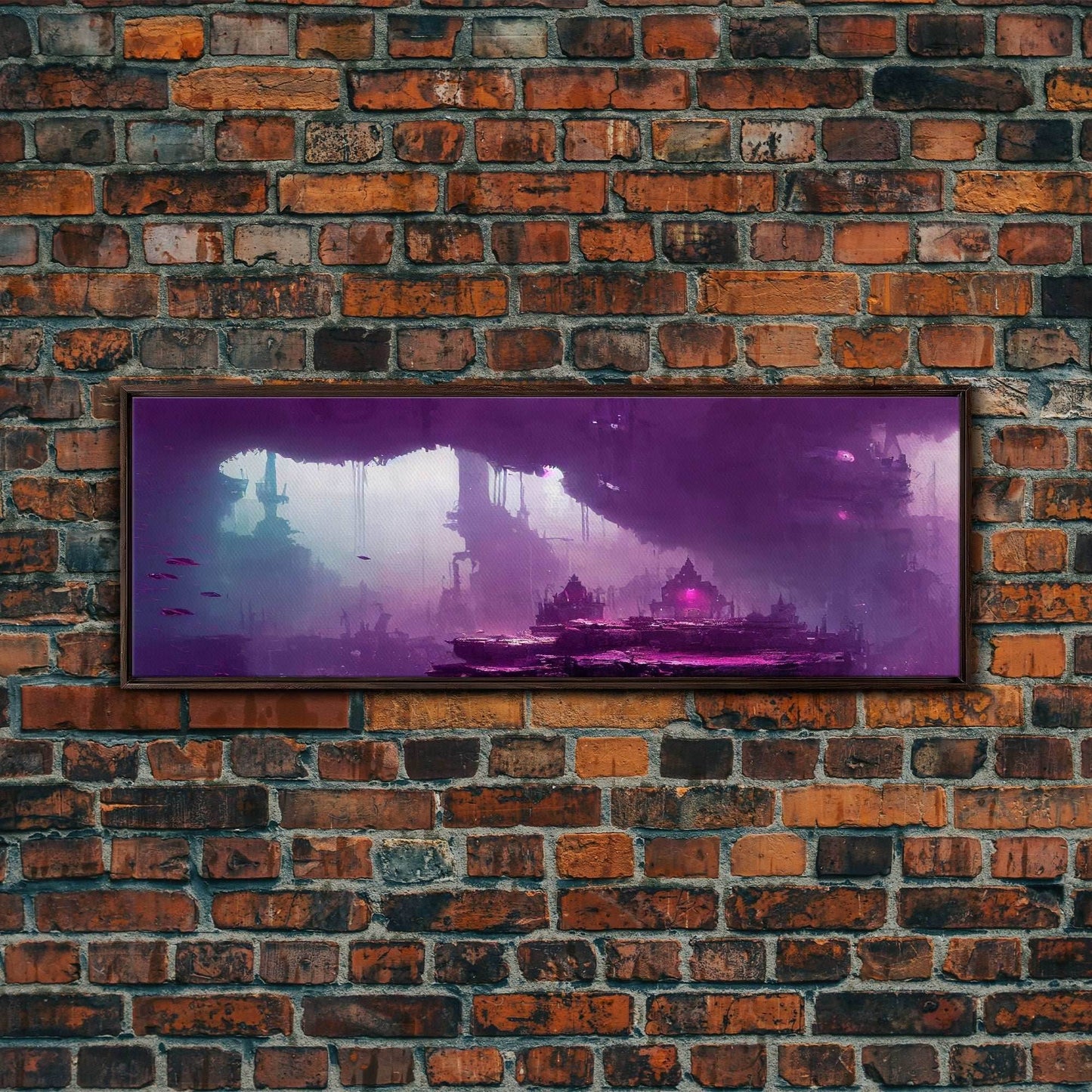Panoramic Fantasy Underwater City, Purple Art, Extra Large Wall Art, Framed Panoramic Canvas Print, Framed Wall Decor - 10x30 Inches / Walnut Frame
