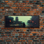 80s style Cyberpunk Japanese City, Retro Punk Tokyo, Framed Canvas Print, Framed Wall Art, Large Panoramic Wall Decor - 10x30 Inches / Walnut Frame