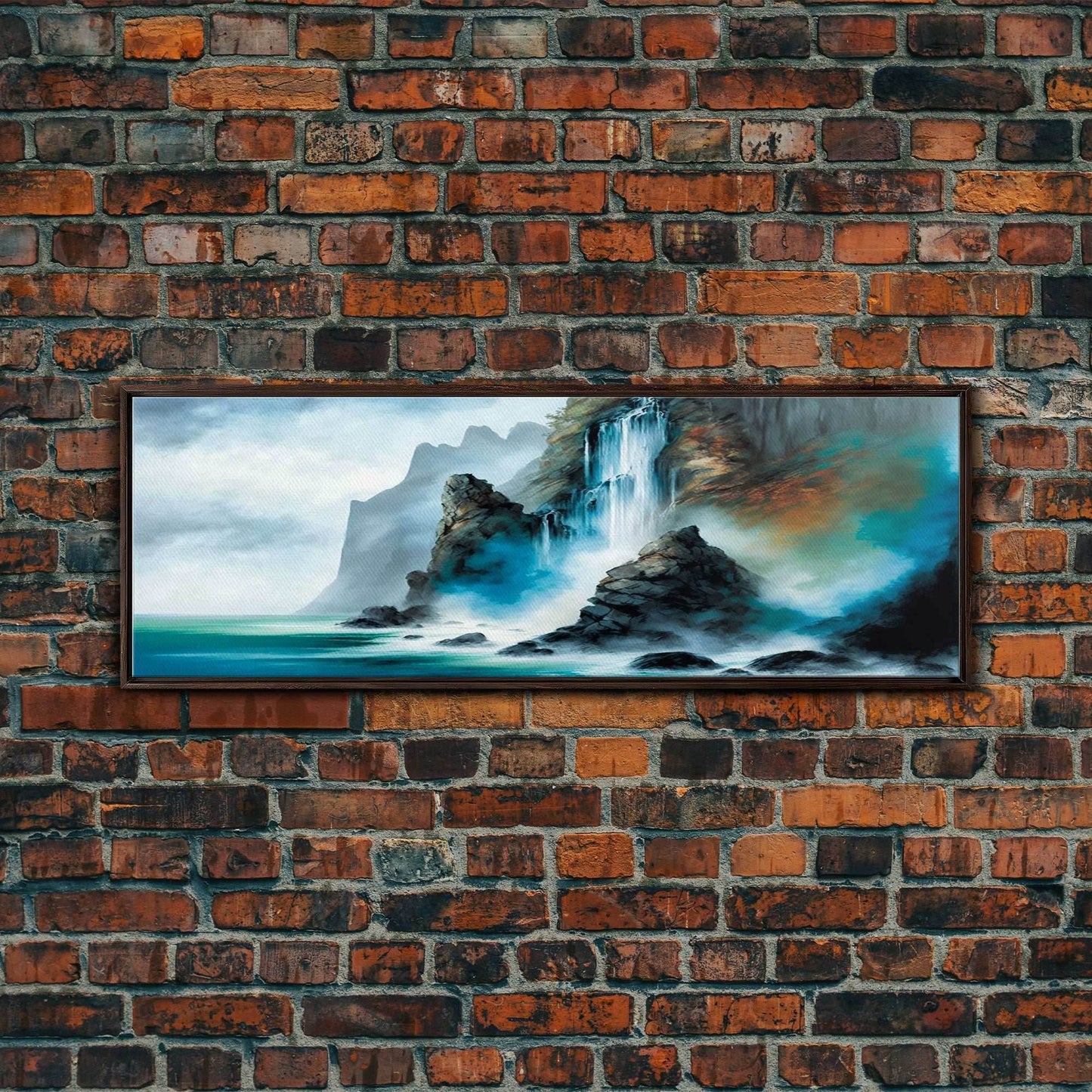 Fantasy Waterfall Canvas Print - Panoramic Landscape Painting - Perfect for Living Room and Bedroom Decor - 10x30 Inches / Walnut Frame