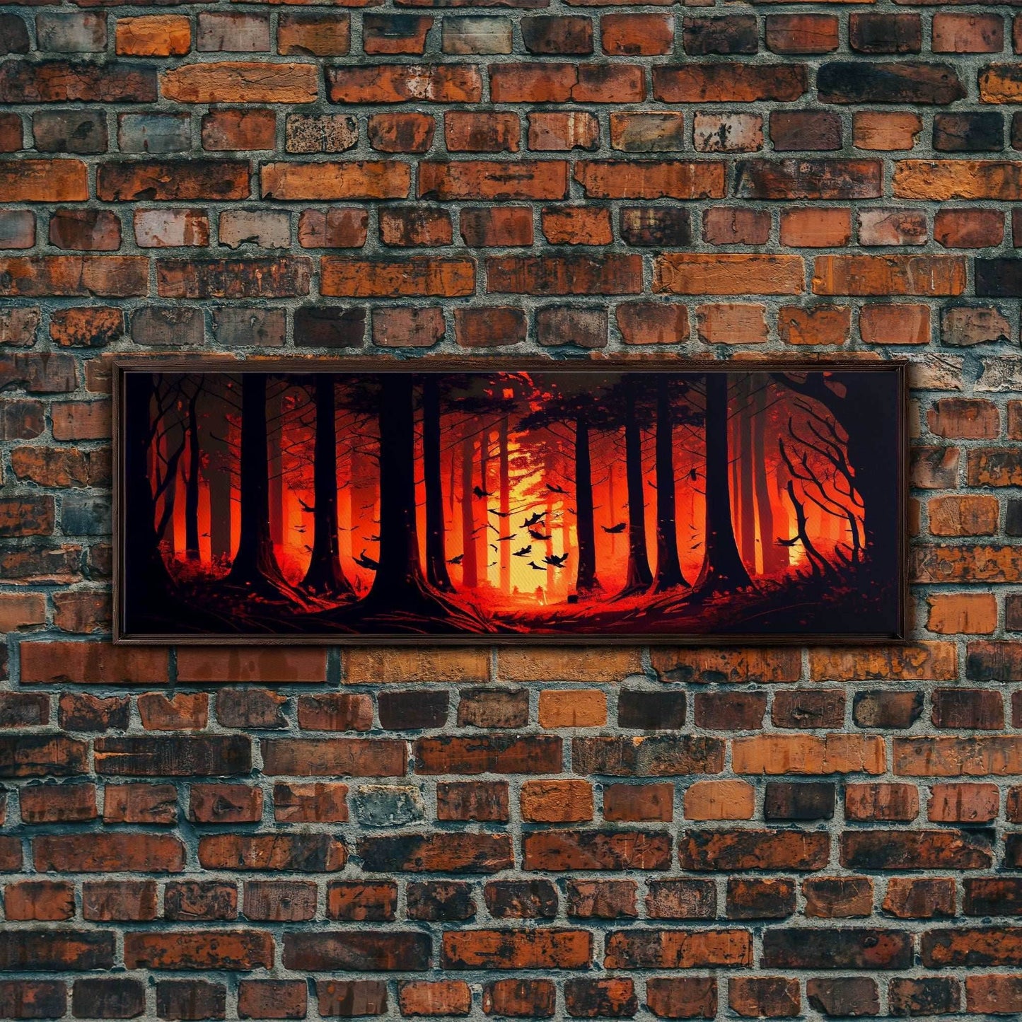 Forest Landscape Art, Forest Fire, Fall / Autumn Decor, Panoramic Wall Art, Framed Canvas Print, Orange and Yellow Fantasy Forest - 10x30 Inches / Walnut Frame