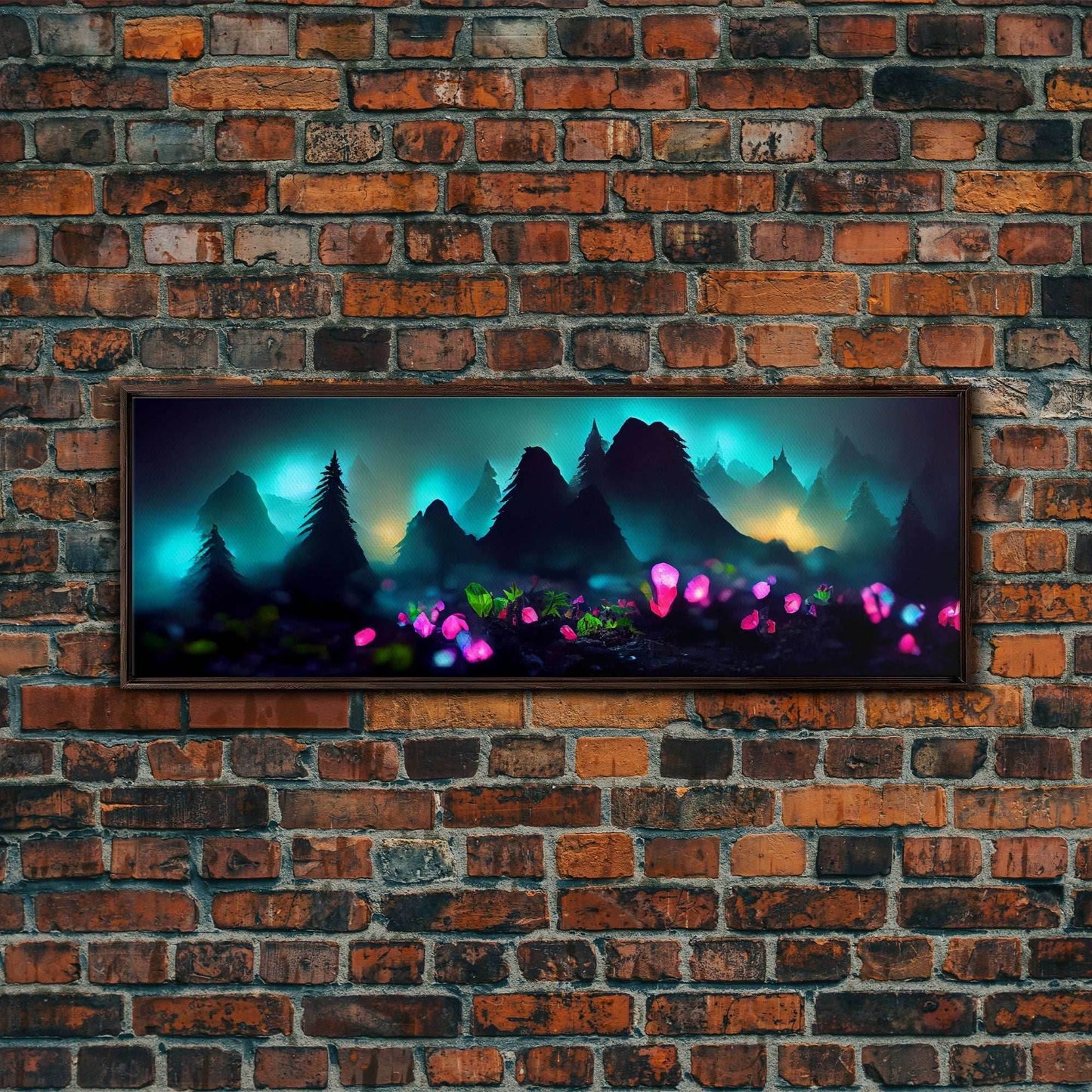 Luminescent trail in the forest, fantasy art, RPG concept art, canvas print, tiny worlds, glowing mushrooms out of focus, miniature worlds - 10x30 Inches / Walnut Frame