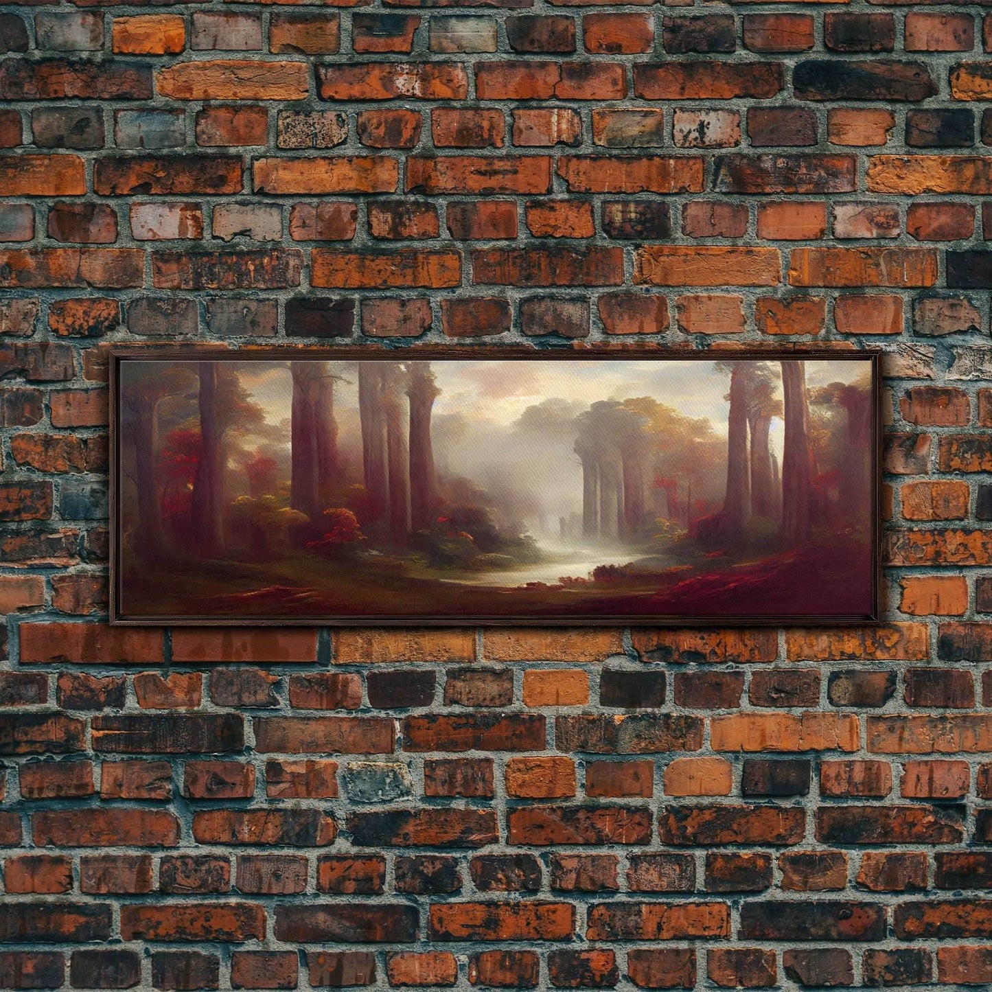 Hazy Forest Fantasy Art, Ready To Hang Canvas Print, Panoramic Art, Fog Covered Forest High Fantasy RPG Concept Art - 10x30 Inches / Walnut Frame