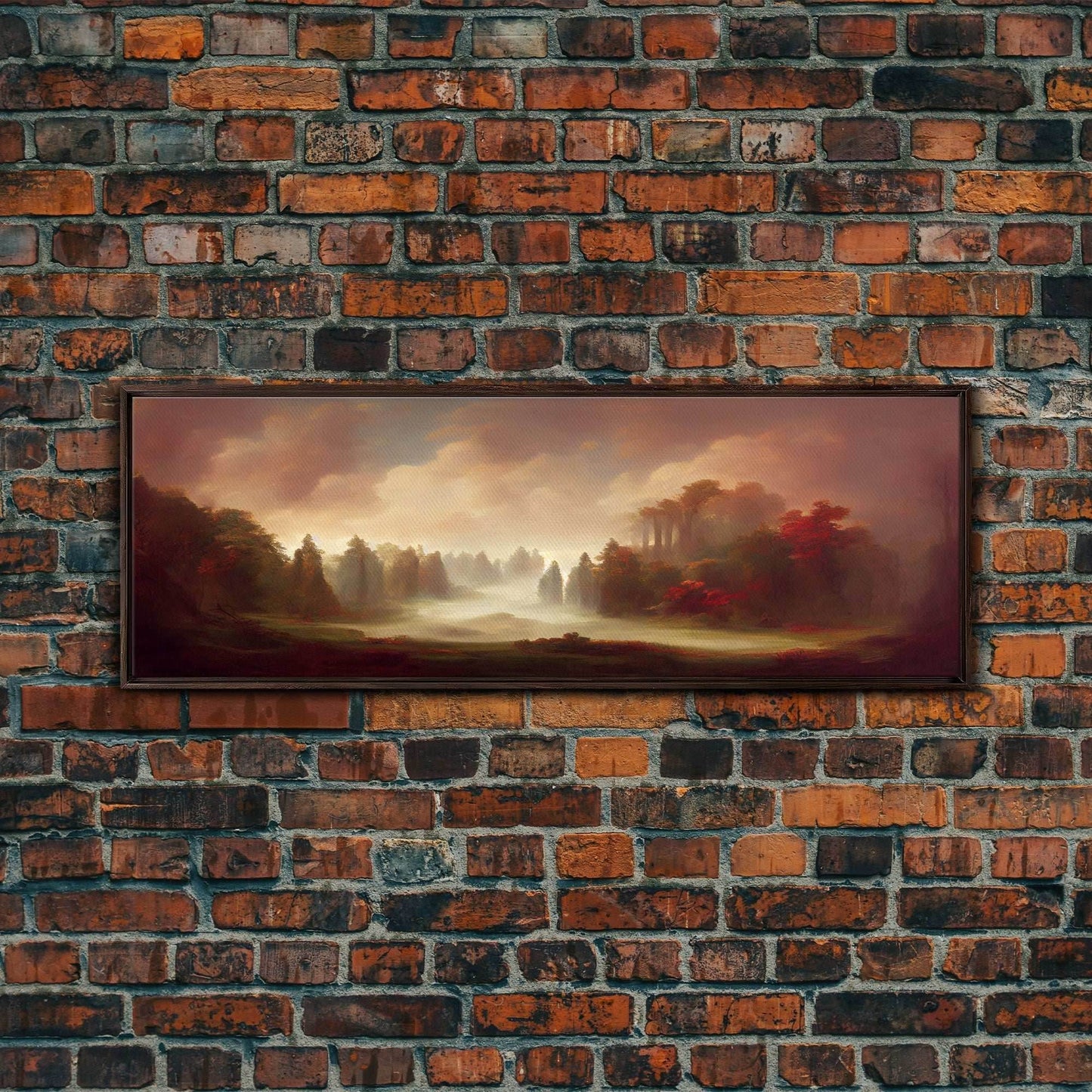 Hazy Forest Fantasy Art, Ready To Hang Canvas Print, Panoramic Art, Fog Covered Forest High Fantasy RPG Concept Art - 10x30 Inches / Walnut Frame