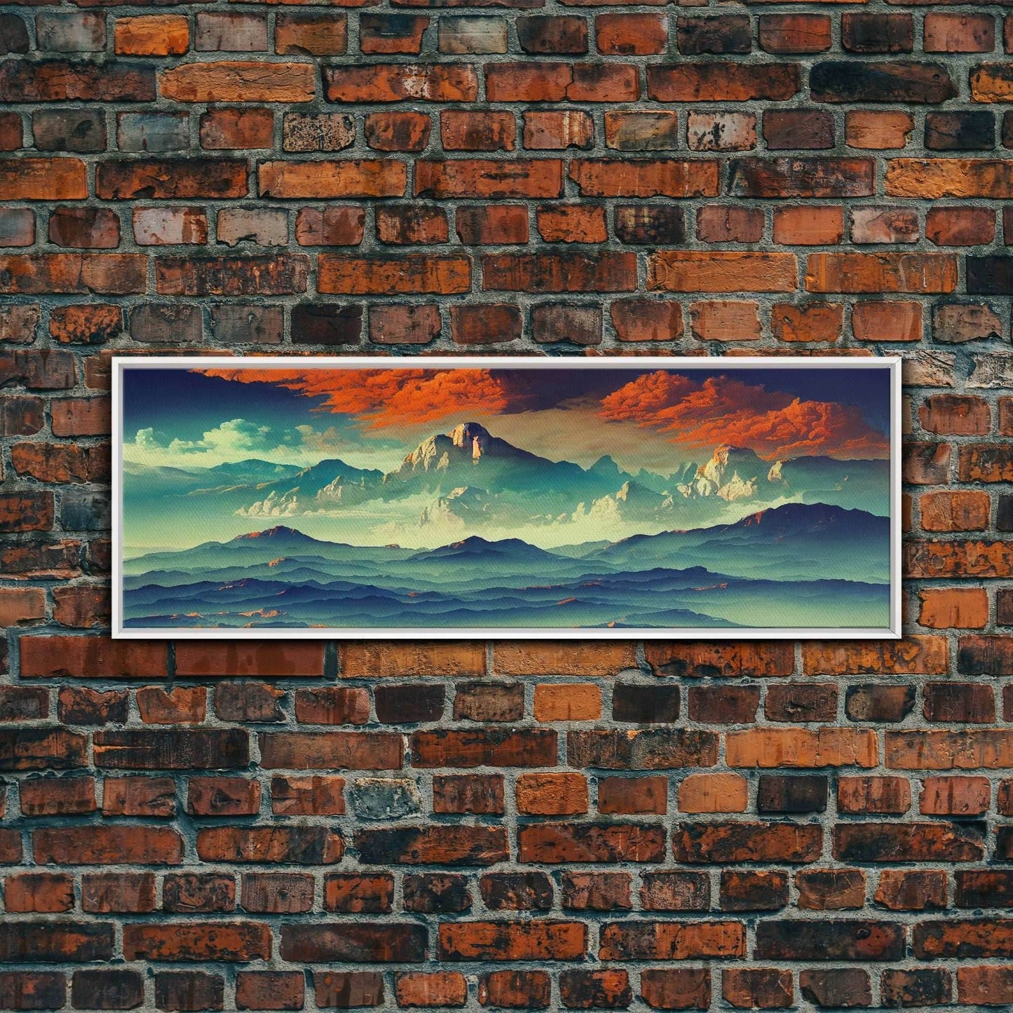 Beautiful Fantasy Mountain Landscape With Orange Clouds, Framed Canvas Print, Ready To Hang Panoramic Wall Decorr - 10x30 Inches / White Frame