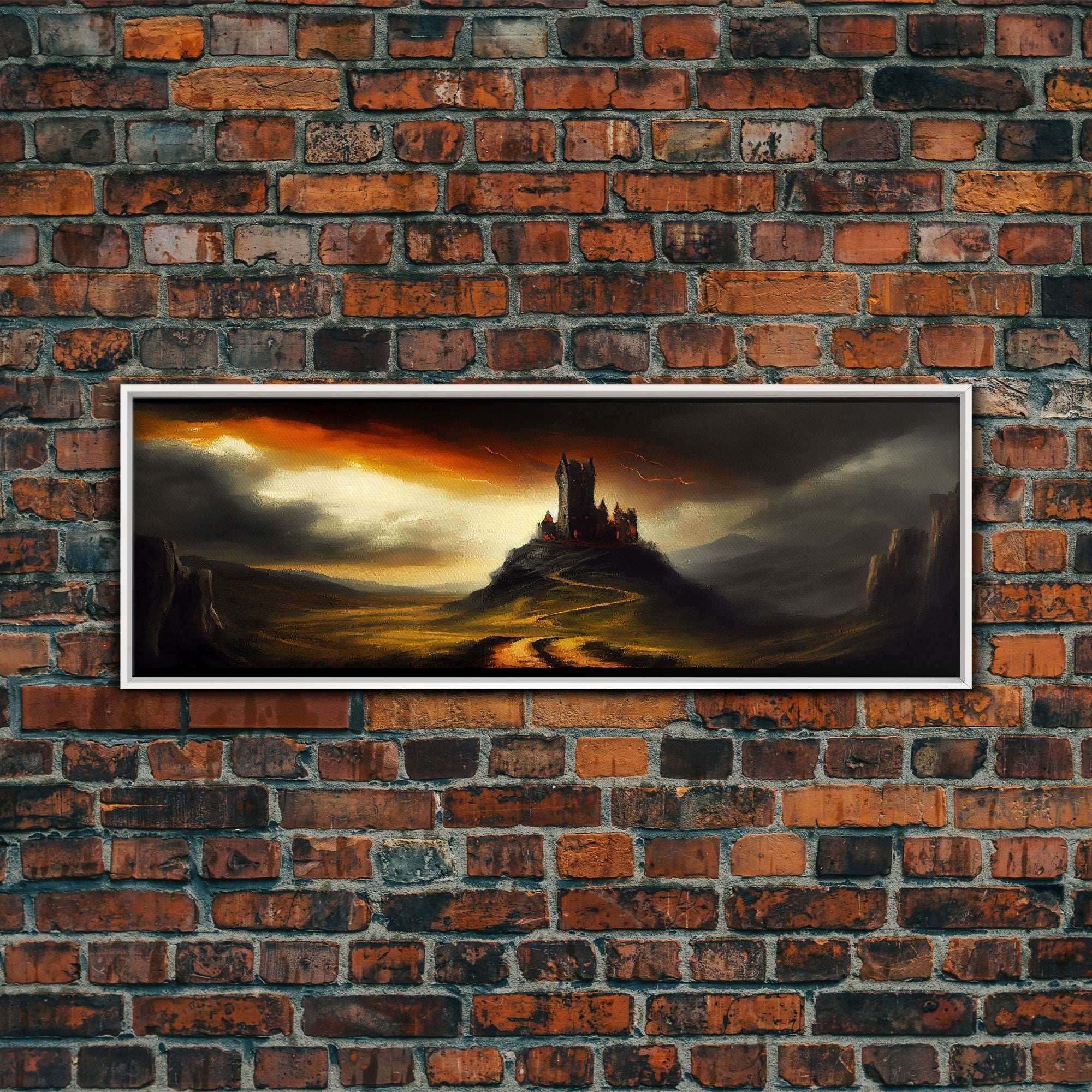 Panoramic Dark Fantasy Wall Art, Framed Canvas, Wood Frame Art, The Dark Castle Oil Painting Fantasy Decor, DND Art - 10x30 Inches / White Frame