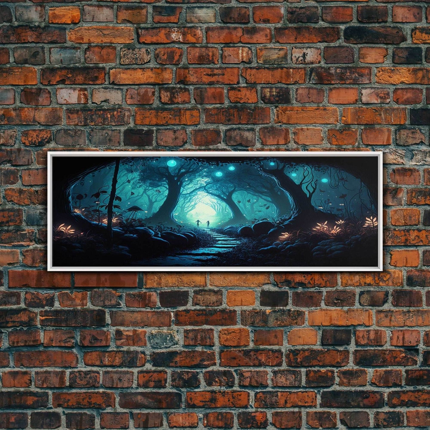 The mycelium Networrk, Fantasy Art, Framed Canvas Print, Bioluminescent Fantasy Forest At Night, Blue Glowing Ambience Art - 10x30 Inches / White Frame