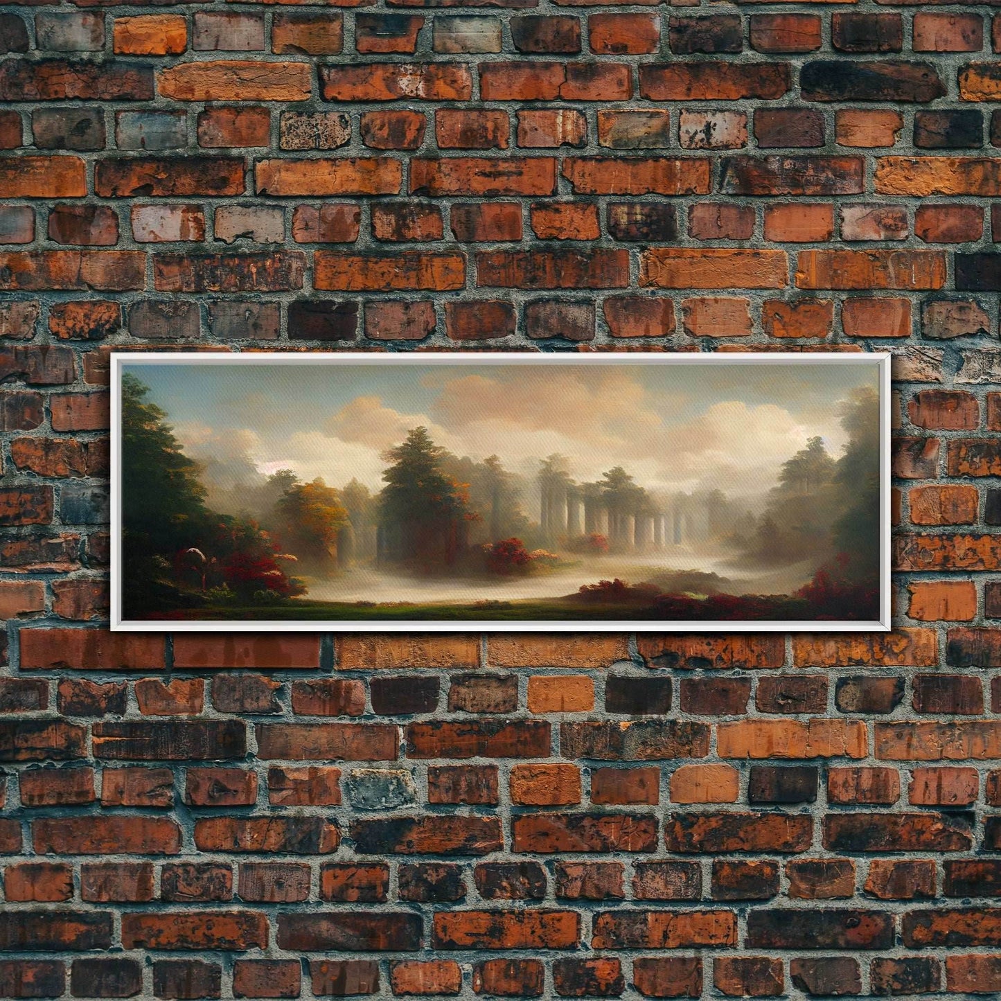 Hazy Forest Fantasy Art, Ready To Hang Canvas Print, Panoramic Art, Fog Covered Forest High Fantasy RPG Concept Art - 10x30 Inches / White Frame