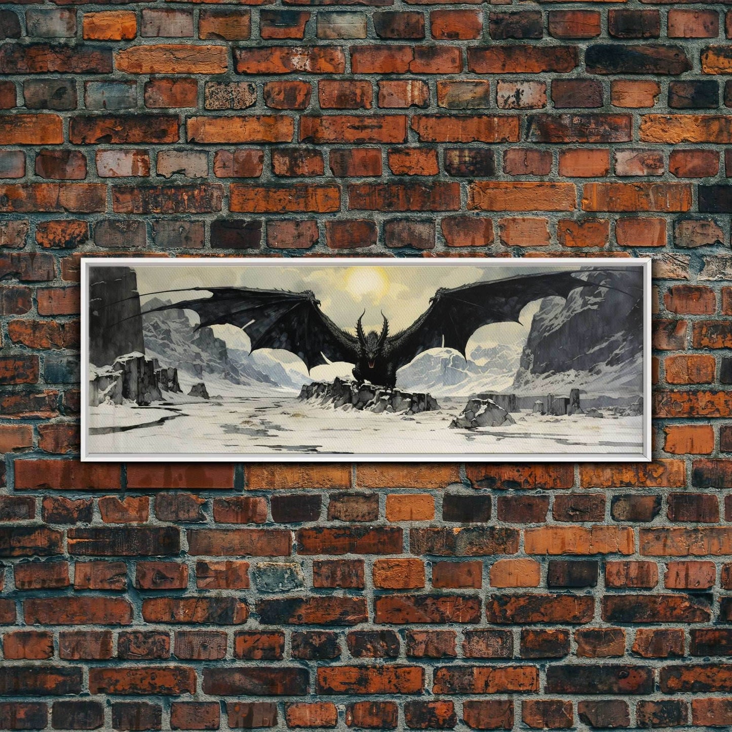 Panoramic Of a Dragon, Framed Canvas Print, Fantasy Decor, Fantasy Dragon Painting - 10x30 Inches / White Frame