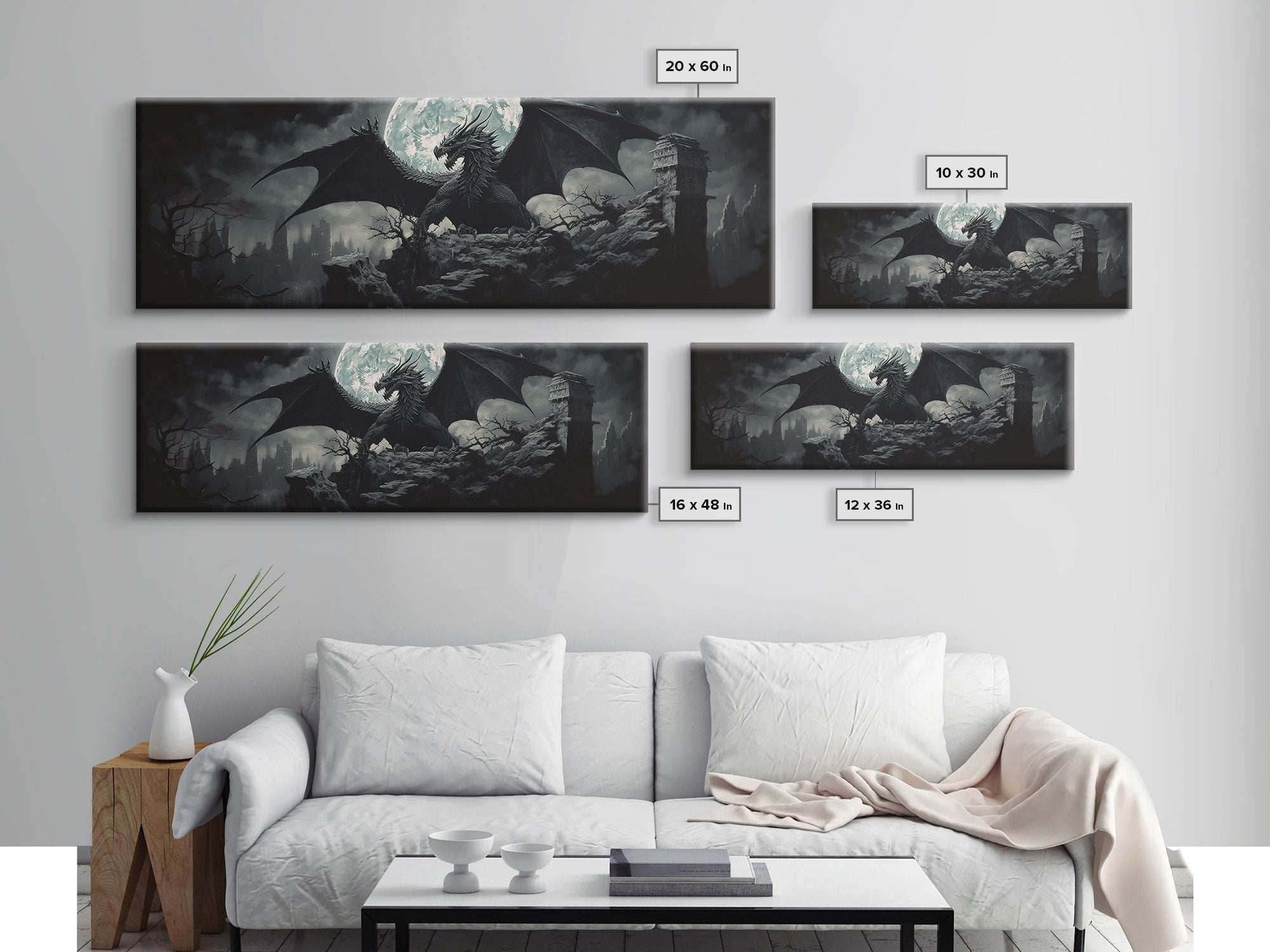 The Dragon, Framed Canvas Print, Panoramic Fantasy Painting, Fantasy Decor, Dragon Art, Dragon Painting, Dragon art print - 10x30 Inches / Gallery Wrap Canvas - Ready To Hang