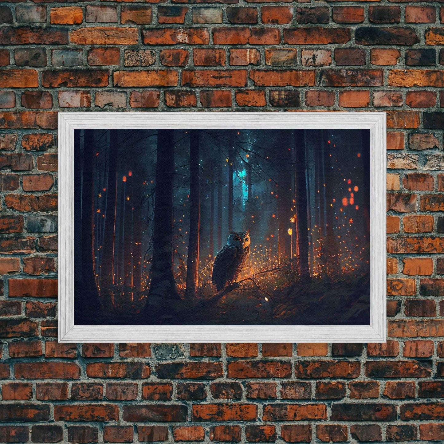 Fantasy forest art, Fireflies and the owl at midnight, framed canvas art, framed canvas print - 8x12 Inches / Gold Frame