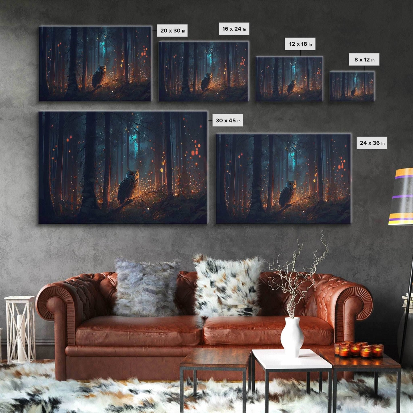 Fantasy forest art, Fireflies and the owl at midnight, framed canvas art, framed canvas print - 8x12 Inches / Gallery Wrap Canvas - Ready To Hang