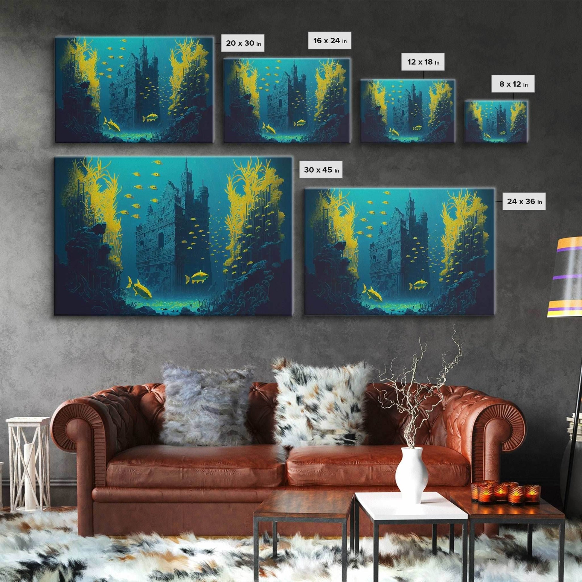 Underwater castle fantasy art, 8 bit pixel art for videogame room, framed canvas print - 8x12 Inches / Gallery Wrap Canvas - Ready To Hang