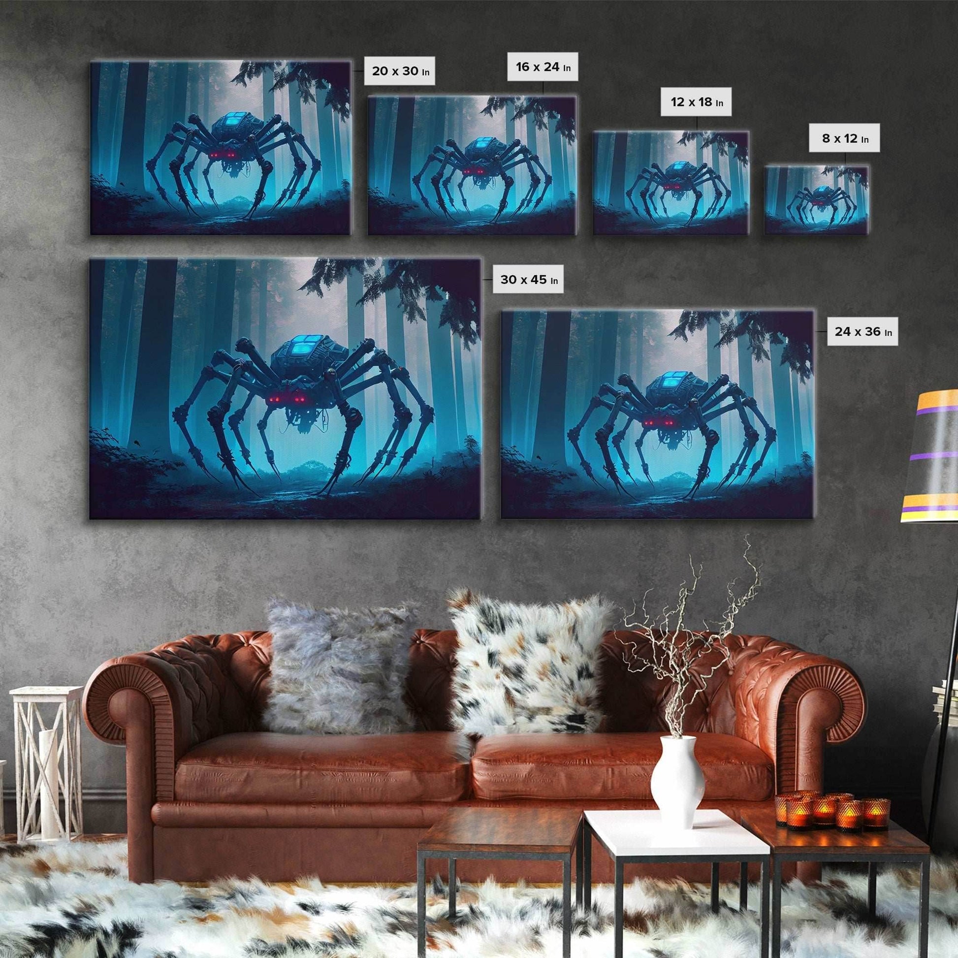 Cyborg Spider, Scifi Fantasy horror art, robot spider on the hunt, framed canvas print - 8x12 Inches / Gallery Wrap Canvas - Ready To Hang