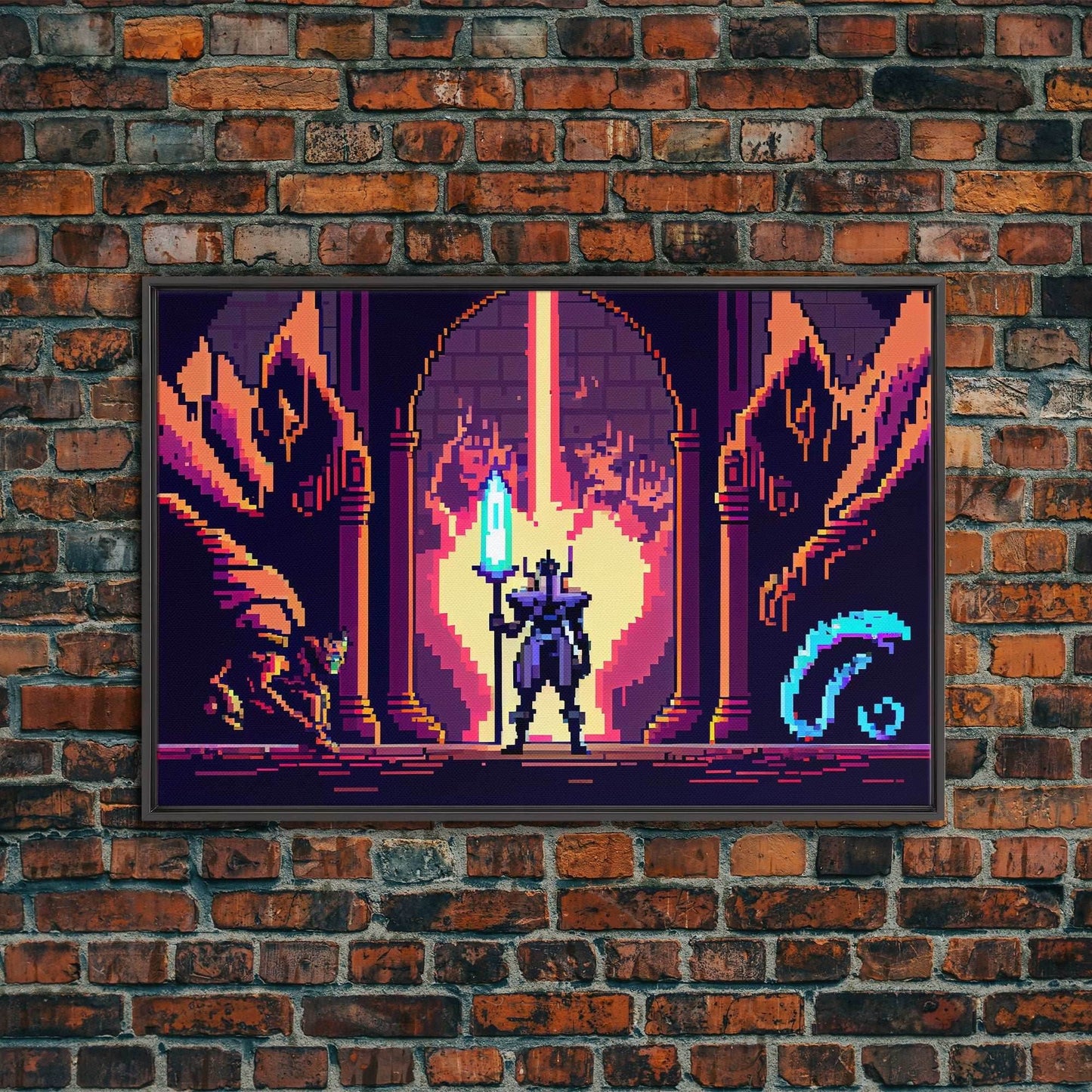 RPG pixel art, fantasy pixel art, Paladin Templar Art, synthwave style, framed canvas print, man cave art - 8x12 Inches / Black Frame