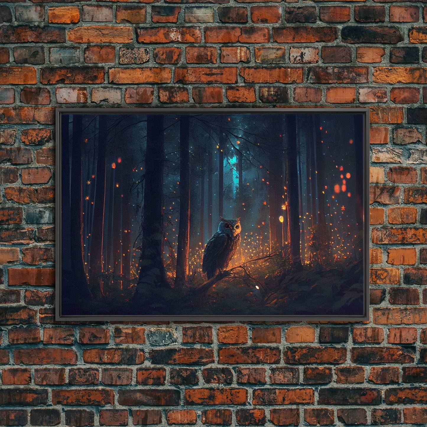 Fantasy forest art, Fireflies and the owl at midnight, framed canvas art, framed canvas print - 8x12 Inches / Black Frame