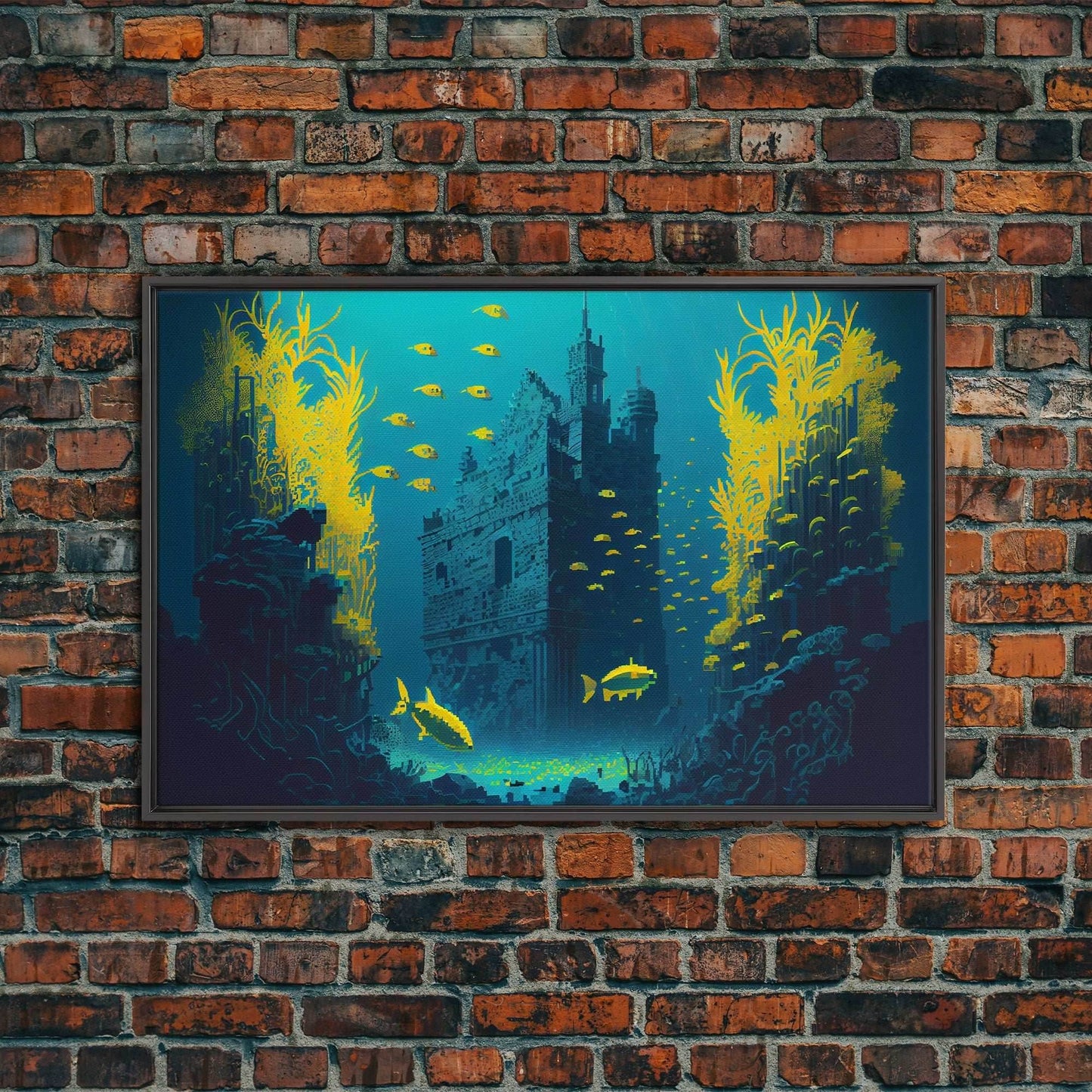 Underwater castle fantasy art, 8 bit pixel art for videogame room, framed canvas print - 8x12 Inches / Black Frame