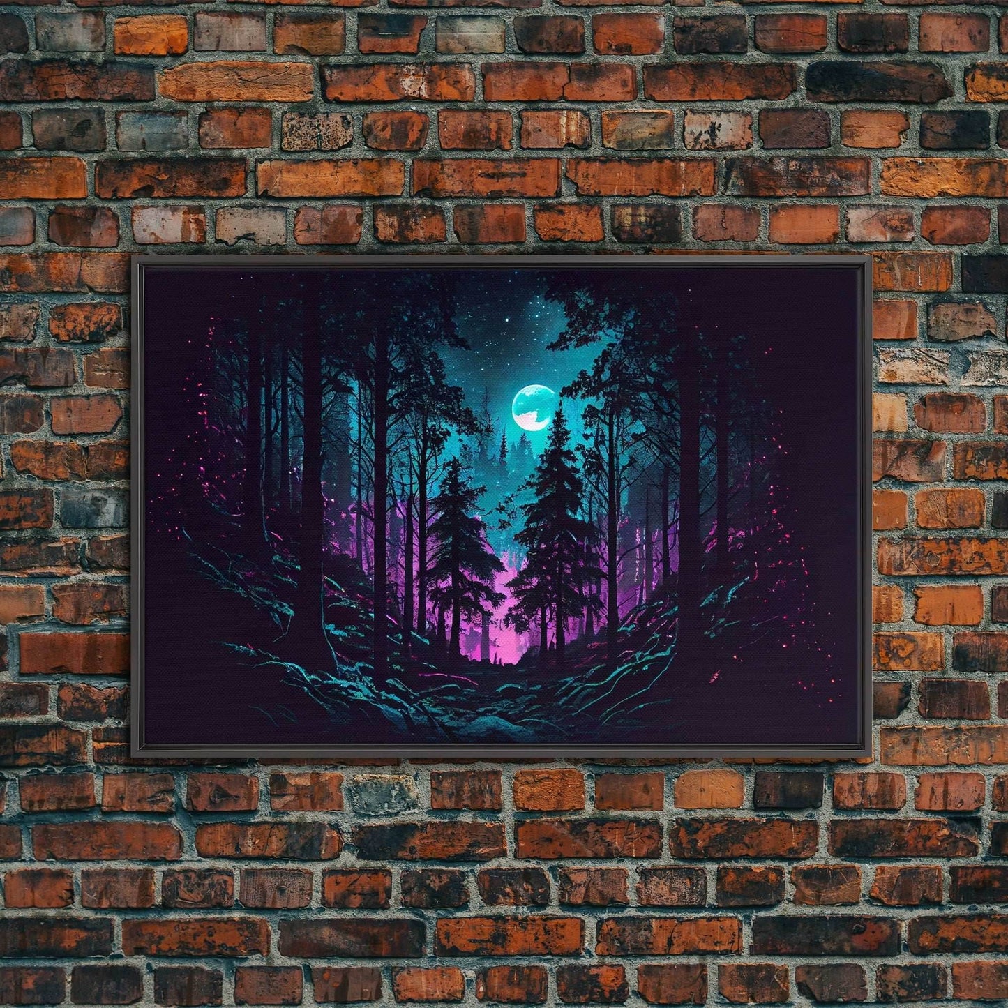 Turquoise and violet fantasy forest, aesthetic, framed canvas print - 8x12 Inches / Black Frame