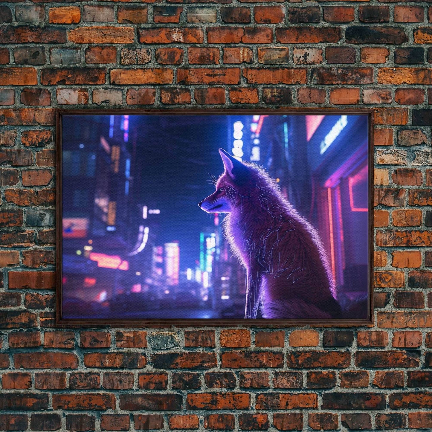 Alley Fox, Cyberpunk city, framed canvas print, urban decay art - 8x12 Inches / Walnut Frame
