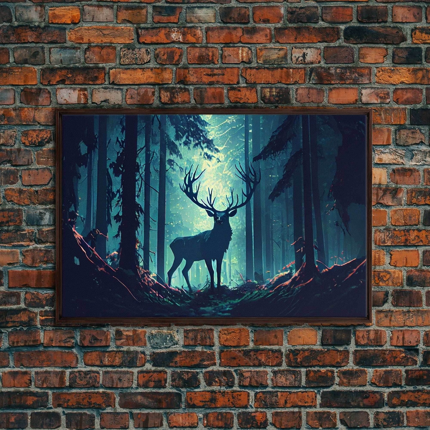 Mythical stag in the forest, fantasy art, framed canvas print, mythical creatures - 8x12 Inches / Walnut Frame