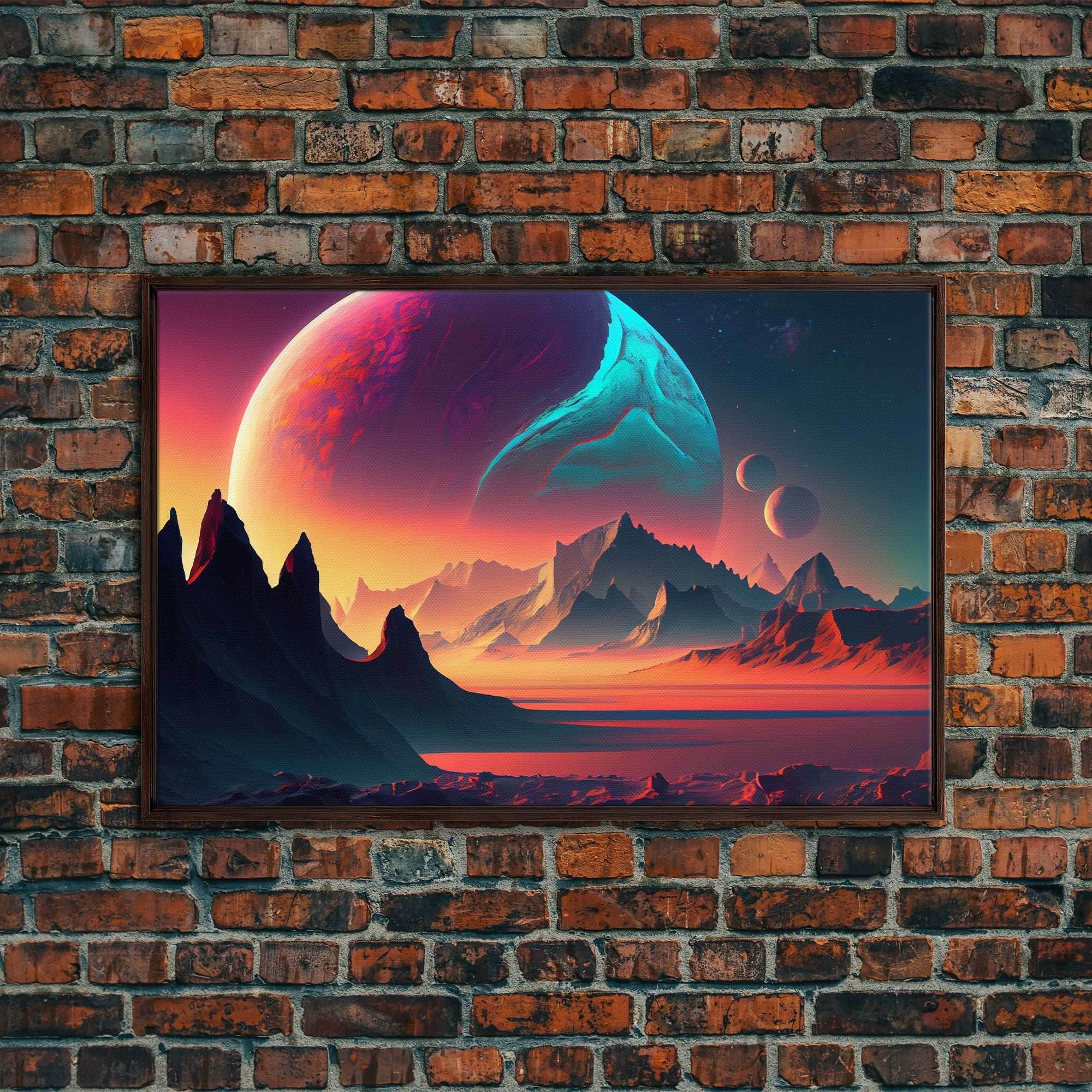 3 Moon Fantasy World, Retro Style Sci-Fi Art, Framed Canvas Print, Futuristic Art, Fantasy Decor - 8x12 Inches / Walnut Frame