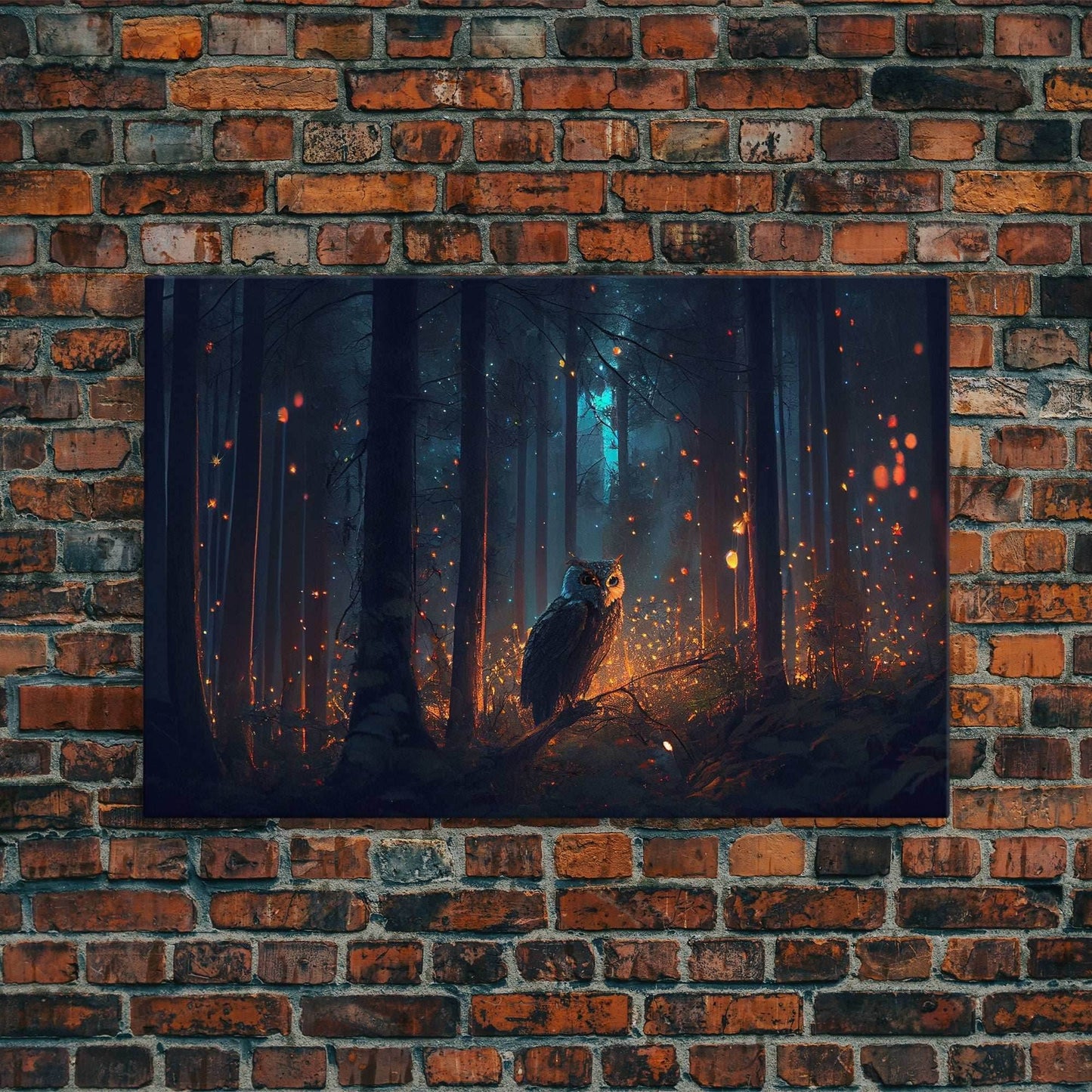 Fantasy forest art, Fireflies and the owl at midnight, framed canvas art, framed canvas print - 8x12 Inches / Gallery Wrap Canvas - Ready To Hang