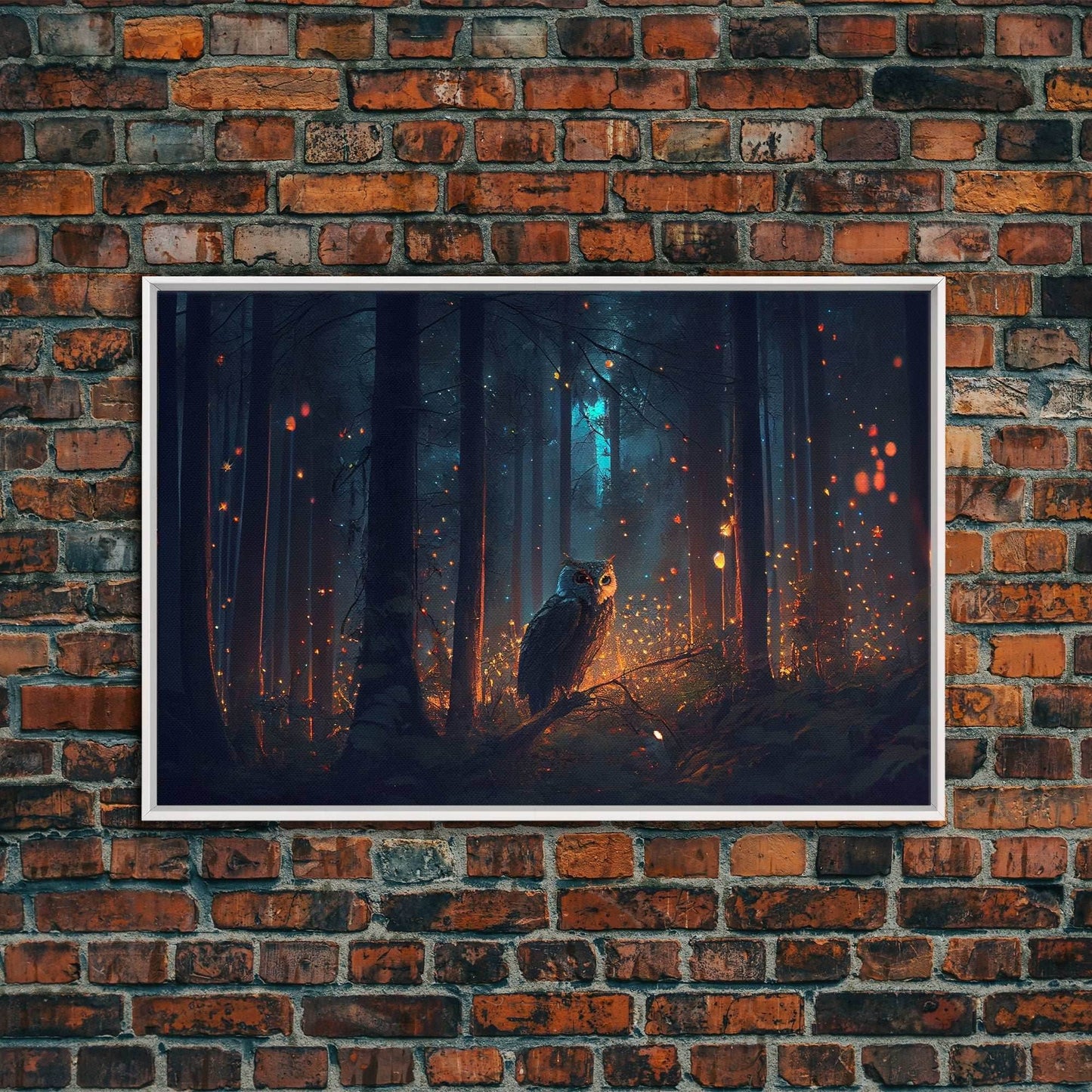 Fantasy forest art, Fireflies and the owl at midnight, framed canvas art, framed canvas print - 8x12 Inches / White Frame
