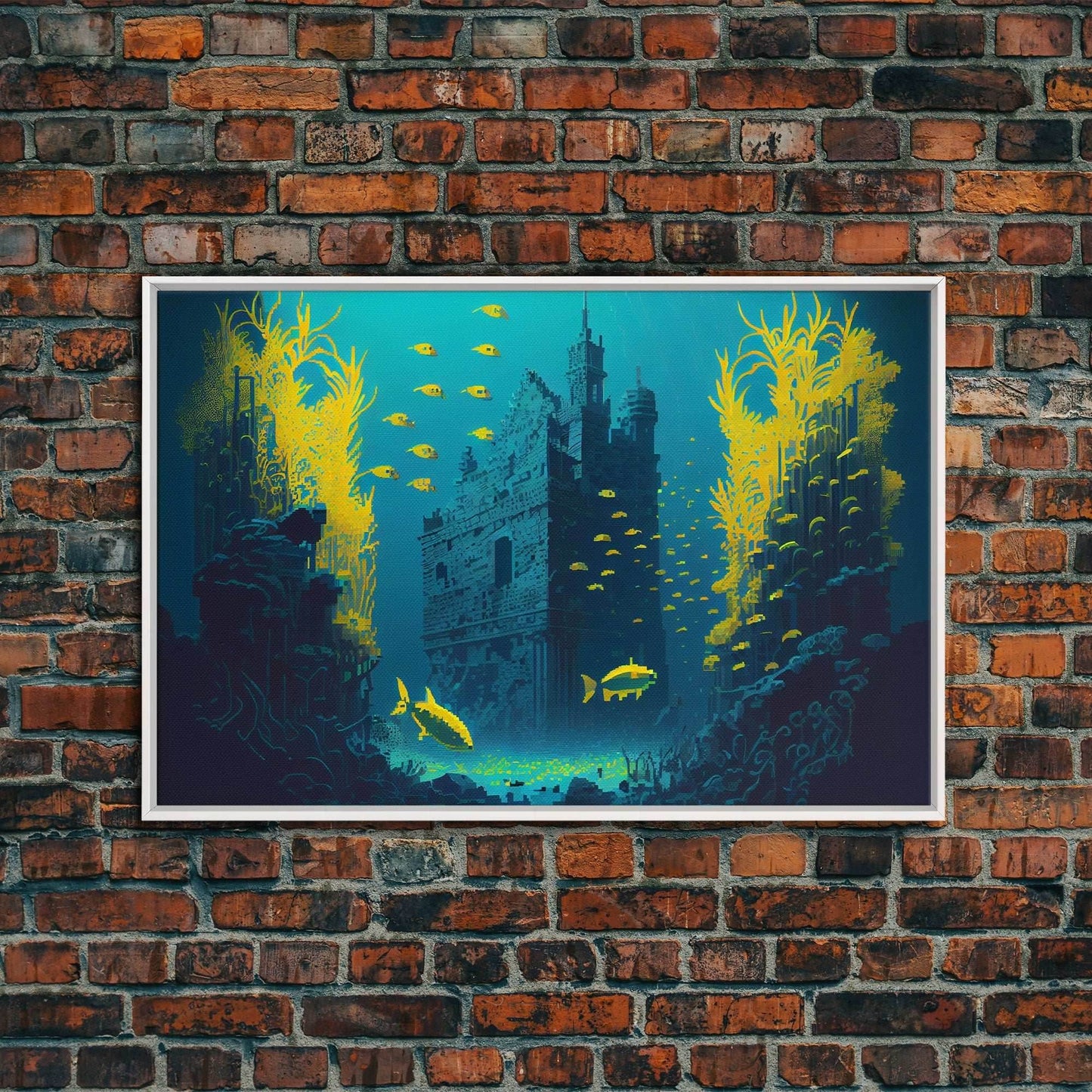 Underwater castle fantasy art, 8 bit pixel art for videogame room, framed canvas print - 8x12 Inches / White Frame