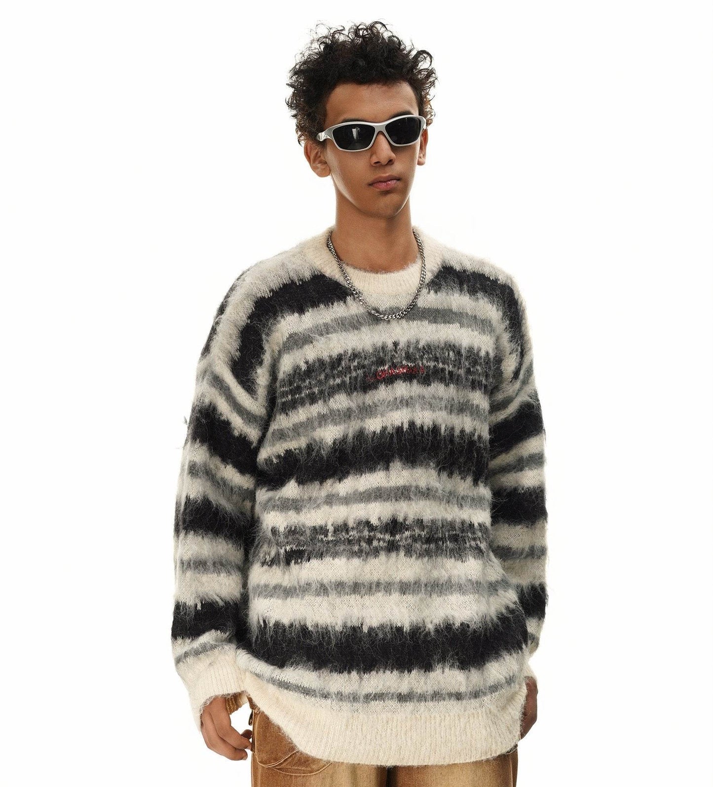 Cream and Black Striped Knit Sweater - S