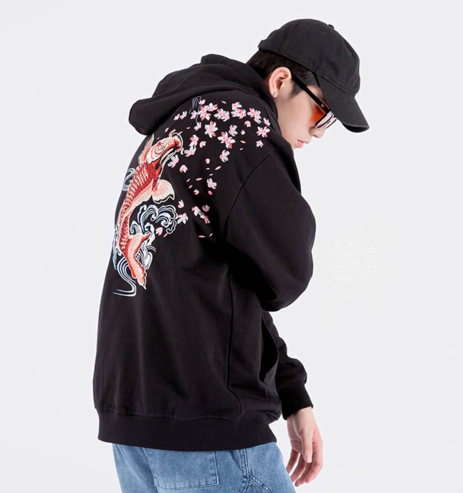 KH9197 Red Koi Embroidery Hoodie - Black / S
