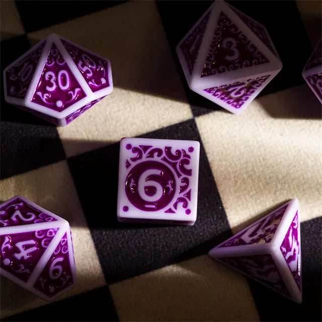 White with Purple rregular Pattern Fill: 7-Piece Acrylic Dice Set - 