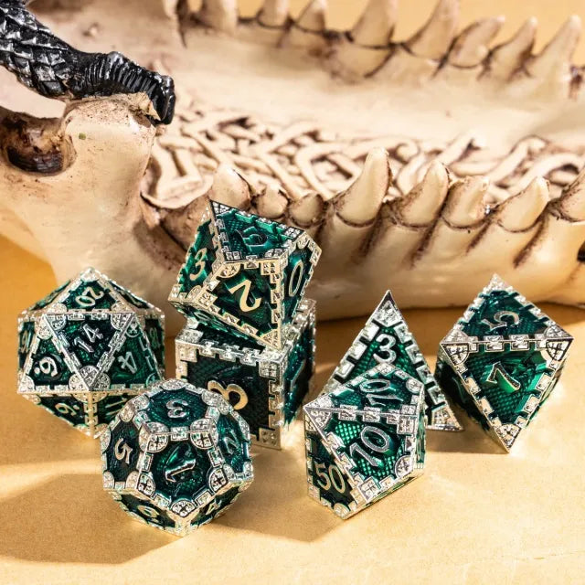 Silver Green Dragon Metal Dice Set