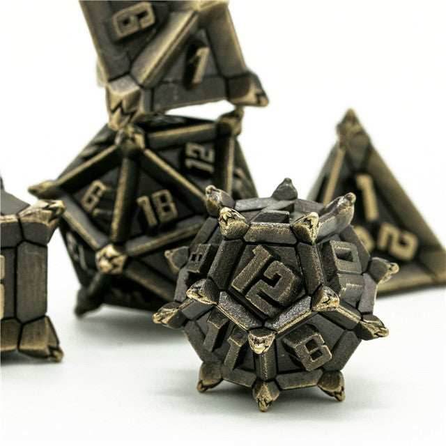 Vintage Brass Color Pinwheel Strengthened Metal 7-Dice Set | Metal DND Dice - 