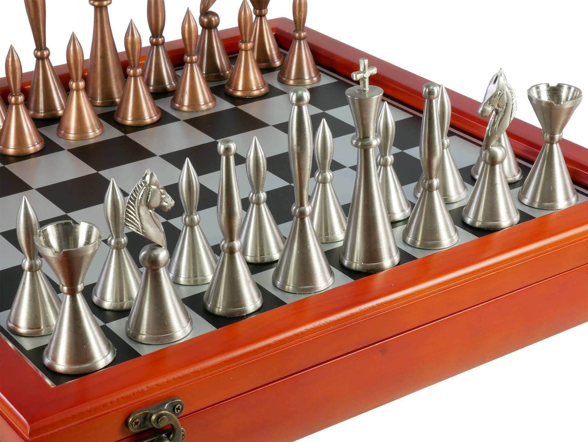 Chess Set - Brass Art Deco with Cherry Stained Chest - 