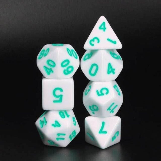 White Opaque with Teal Numbering 7-Dice Set RPG - 