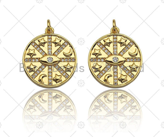 Clear CZ Micro Pave Evil Eye Star On Round Coin Shaped Pendant/Charm, Star Cubic Zirconia Pendant Charm, 20mm,sku#Y334
