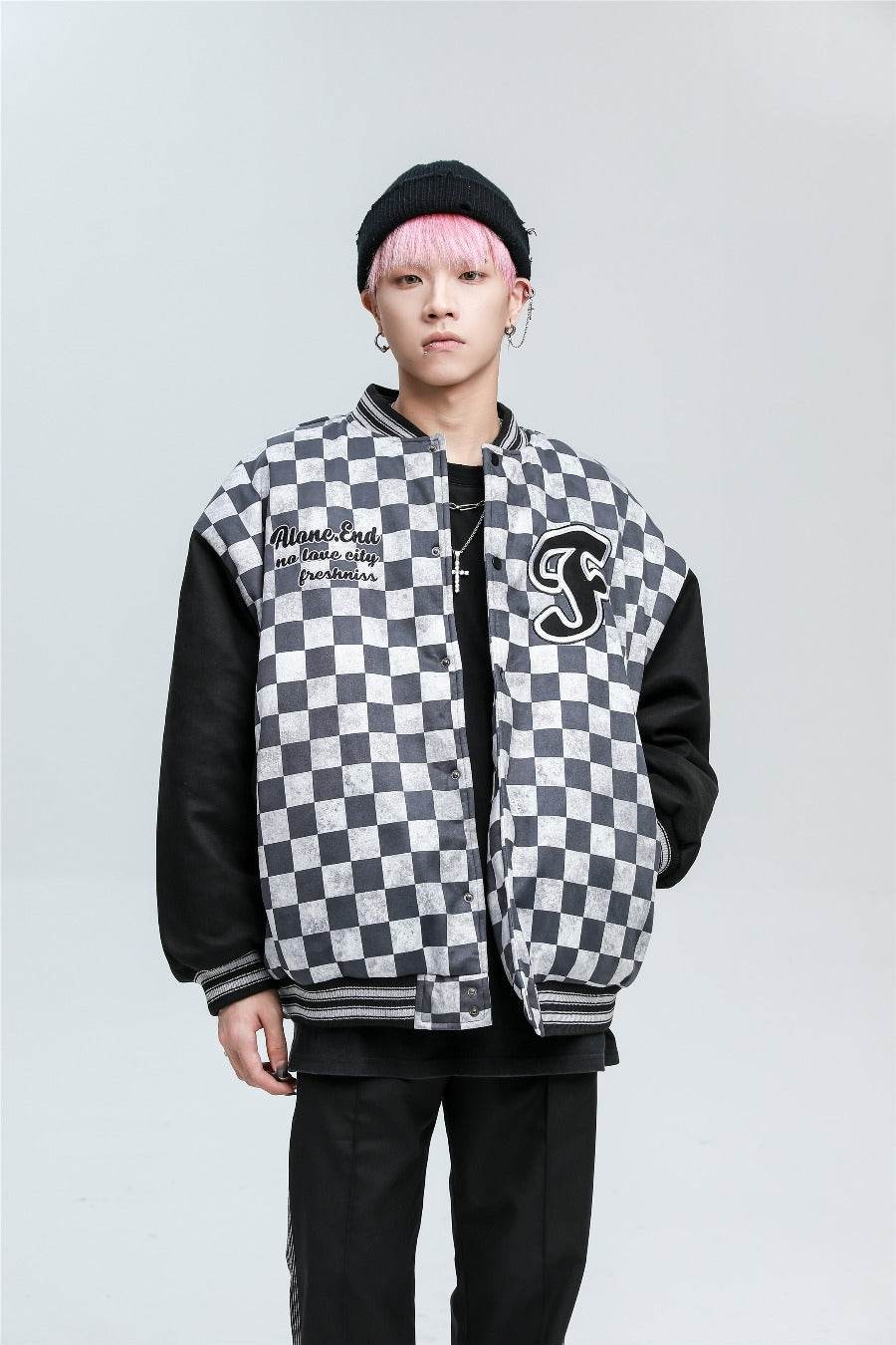 Checkered Winter Bomber Jacket - White / S