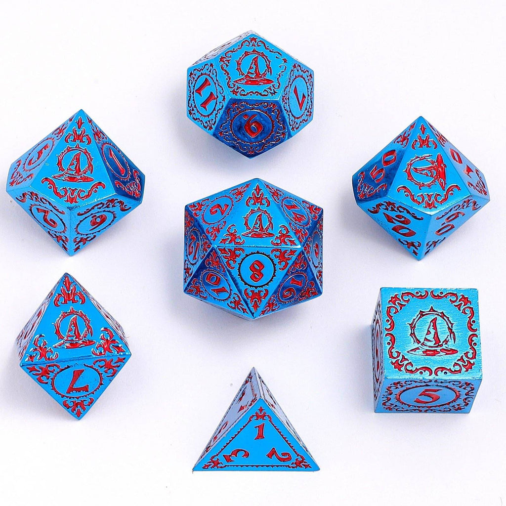Wizard Solid Metal Polyhedral Dice Set - Blue with Red - 