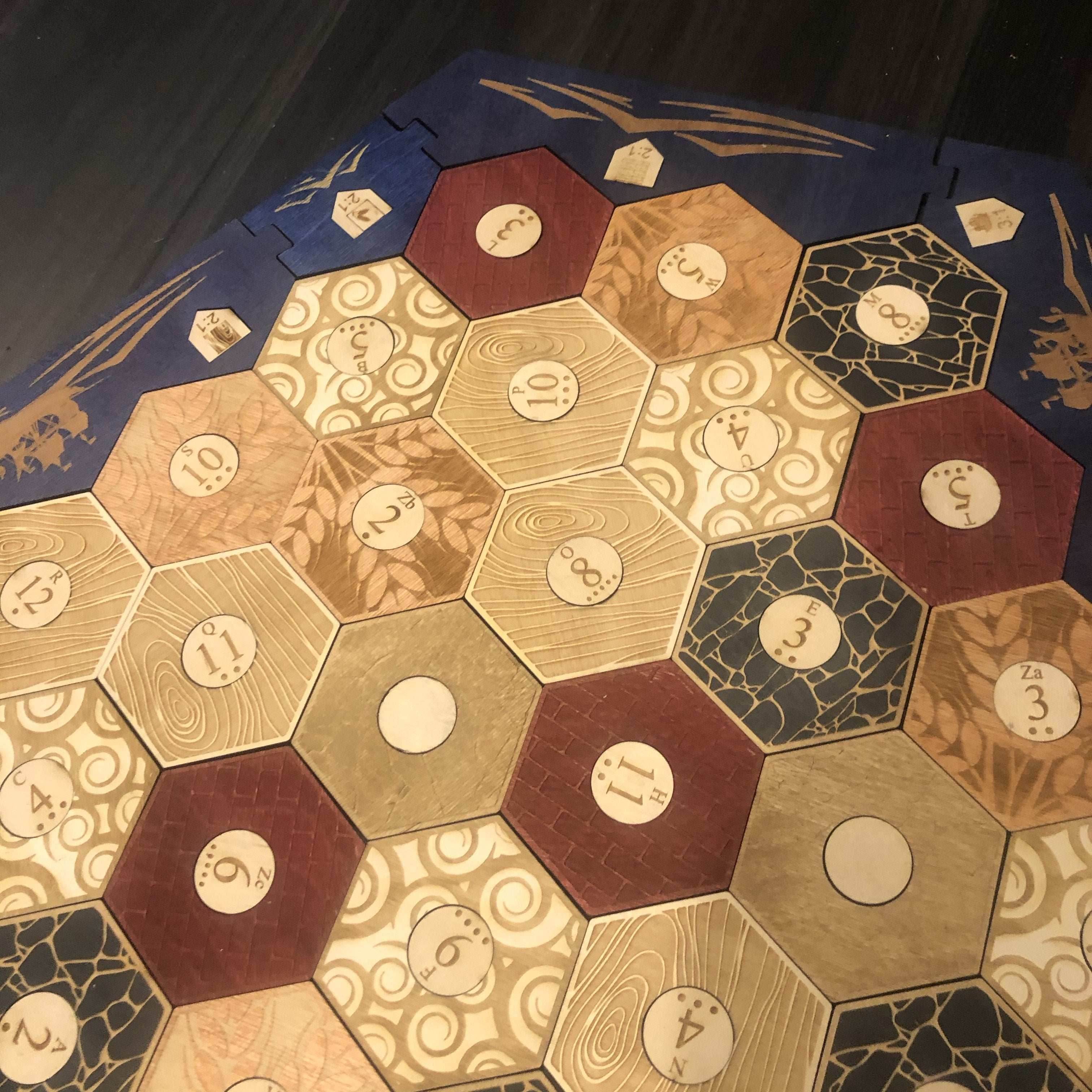 5-6 Player Blue Stained Catan Compatible Board Set with Laser Etched Terrain, Border and Number Pieces - Without Box