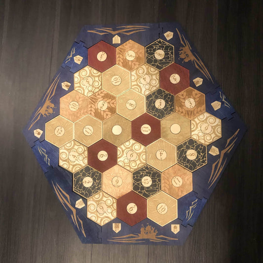 5-6 Player Blue Stained Catan Compatible Board Set with Laser Etched Terrain, Border and Number Pieces - Without Box