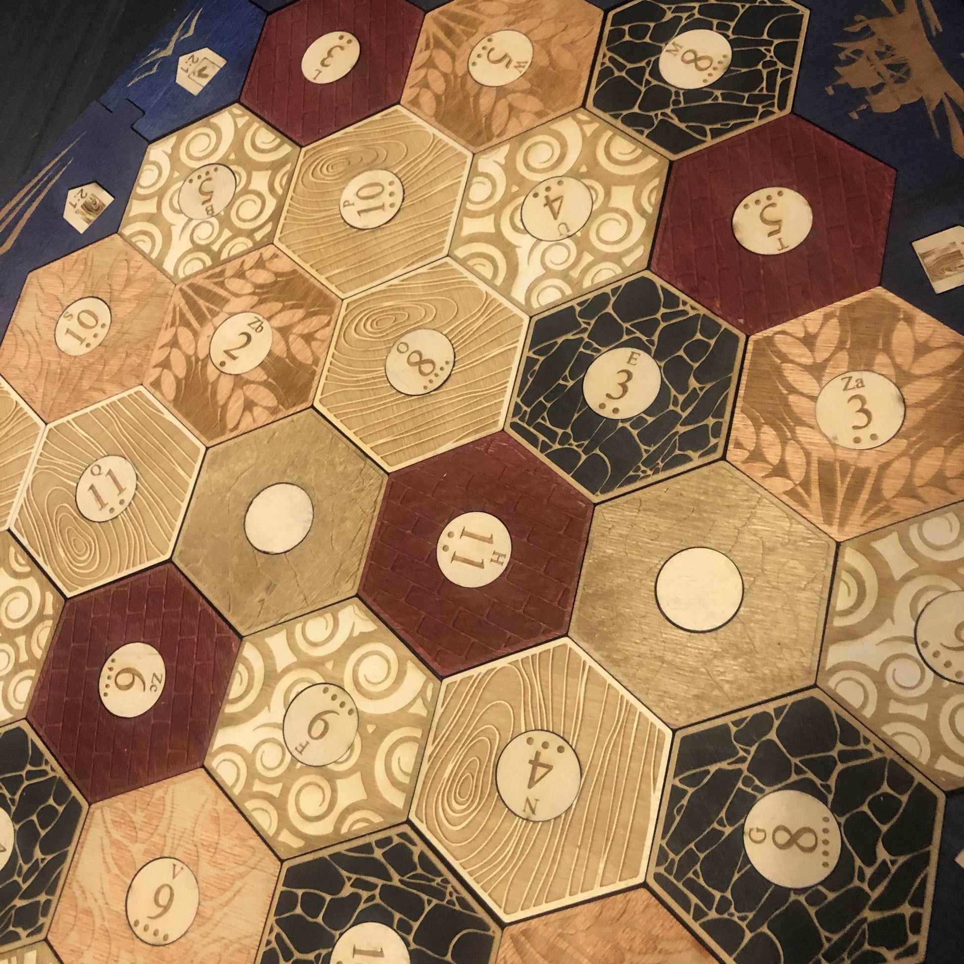 5-6 Player Blue Stained Catan Compatible Board Set with Laser Etched Terrain, Border and Number Pieces - Without Box